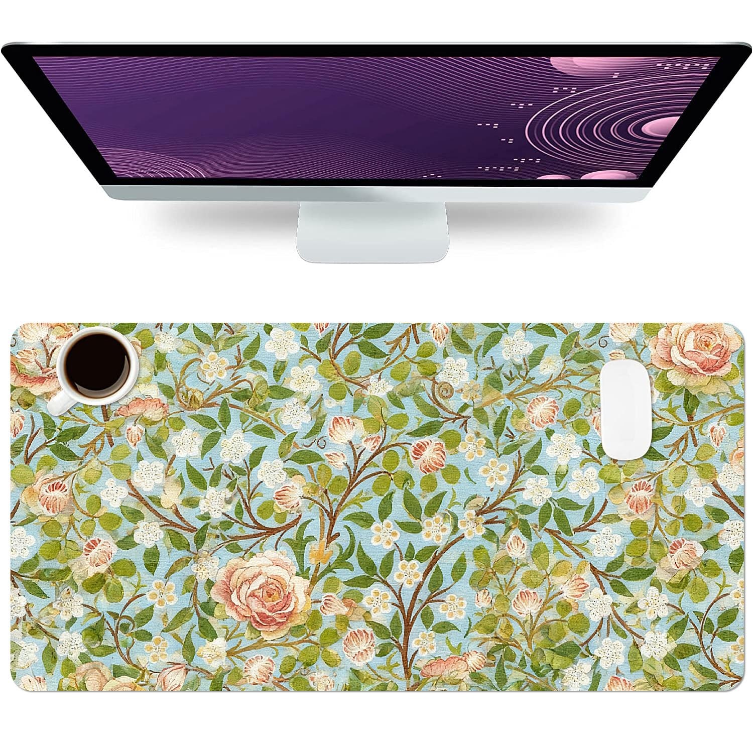 Floral Desk Mat, Elegant Rose Large Mouse Pad for Desktop, PU Leather Waterpr...