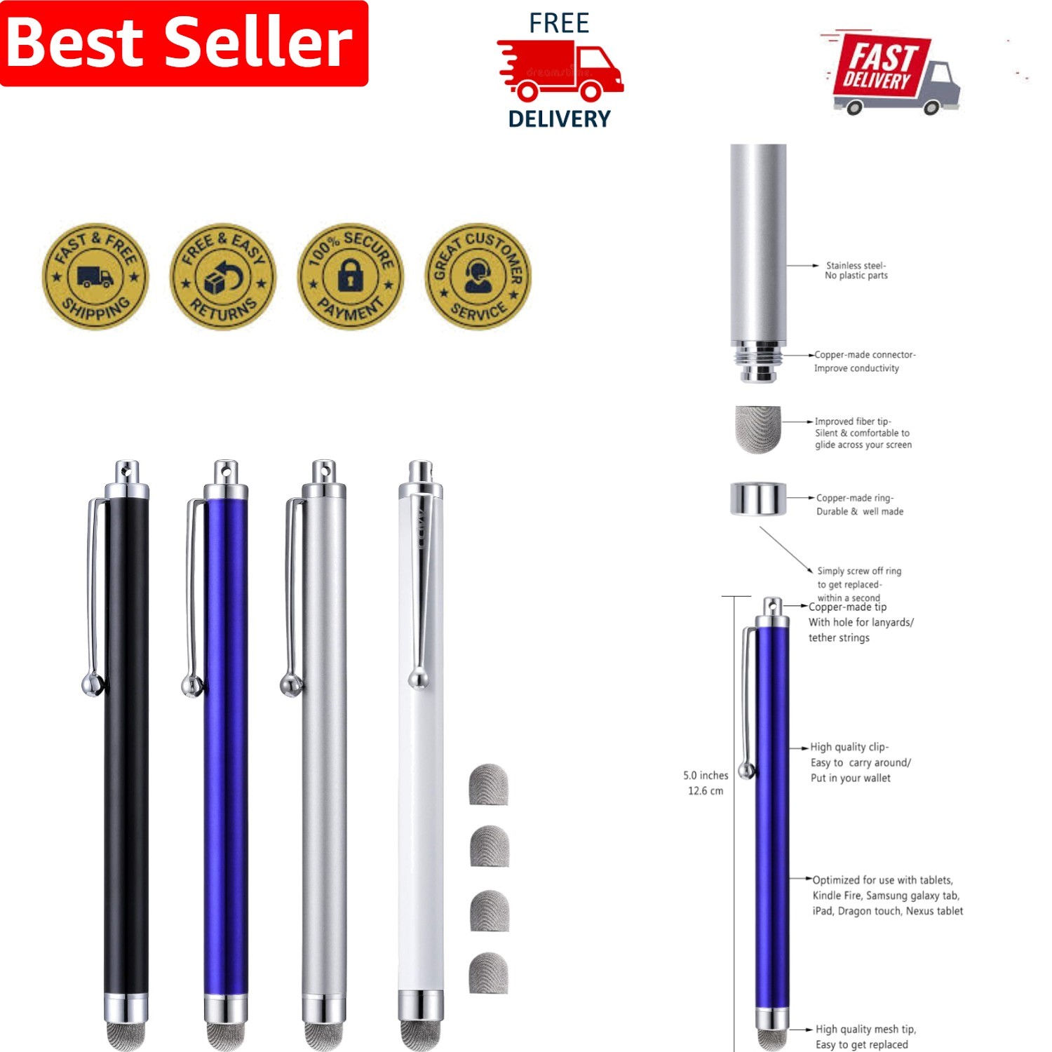 Ultra-Sensitive 5.0 Inch Stylus Pens for iPad, iPhone, and Kindle Fire - 4 Pcs