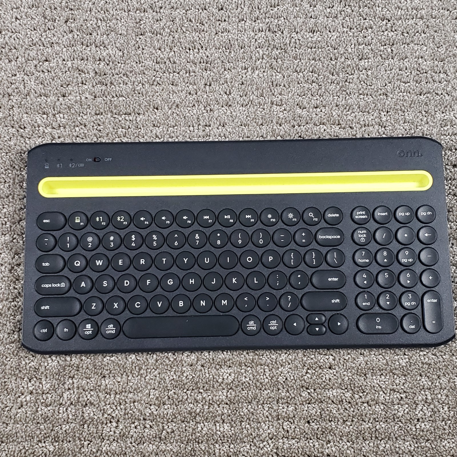 onn. Bluetooth Keyboard Black Yellow Cradle Multi-Device M 100074483 Tested Work