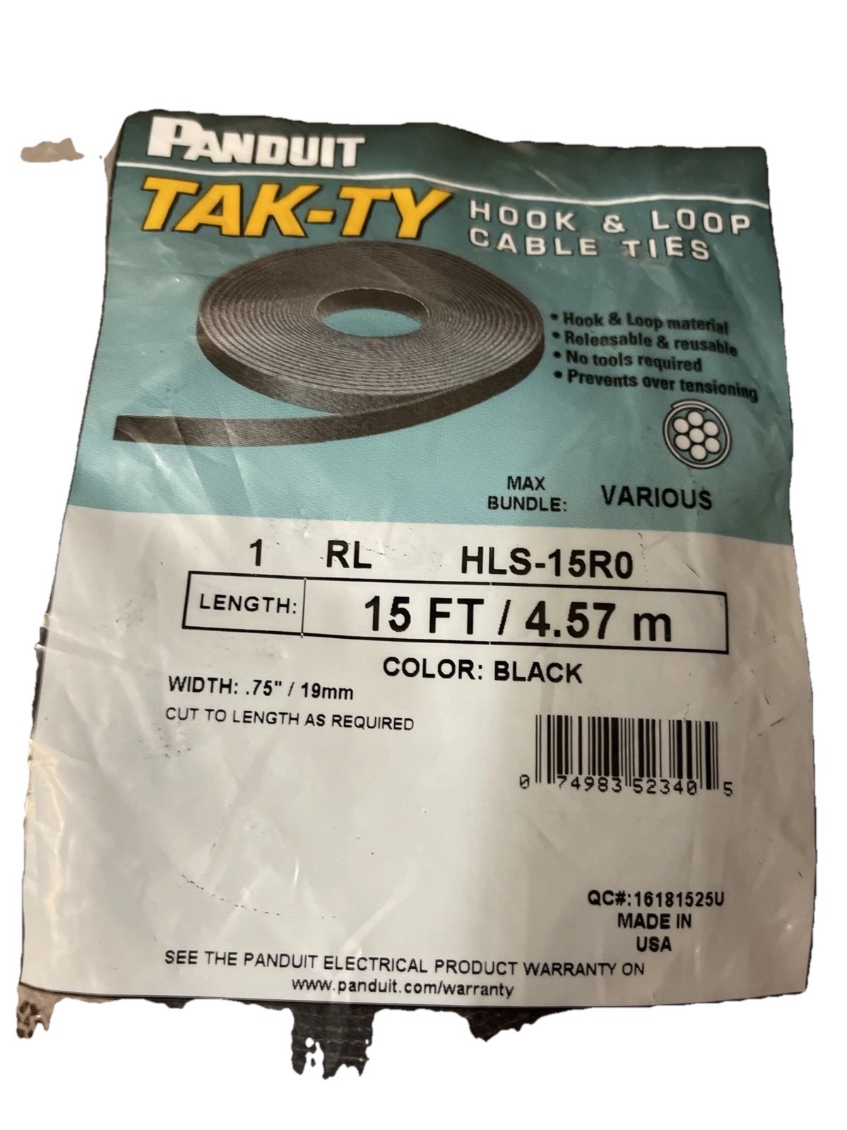 Panduit Tak-Ty Hook & Loop Cable Ties HLS-15R0 15ft Black, .75”/19mm Wide
