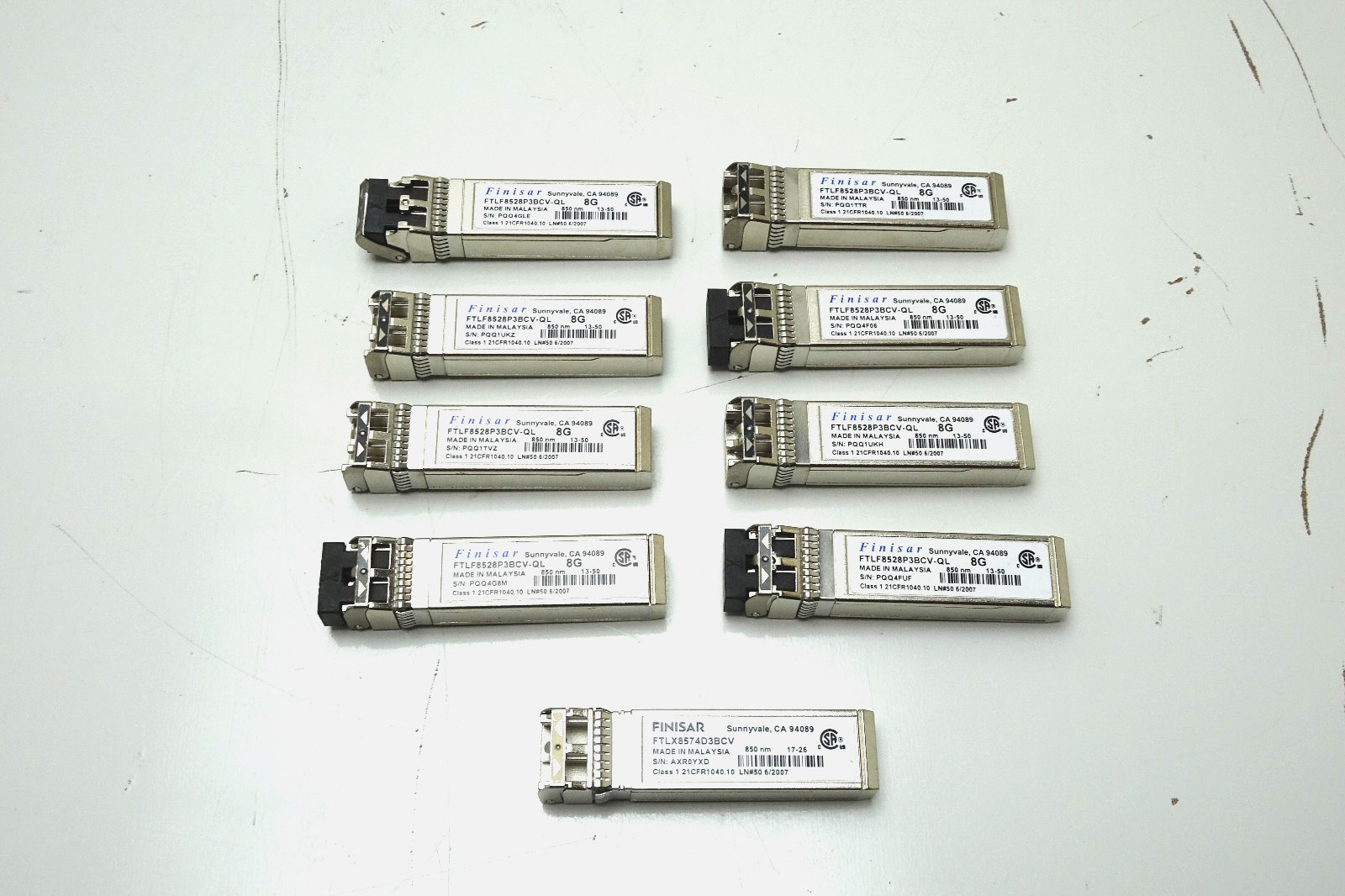 Lot of 9 Finisar Fibre SFP+ Transceiver Modules, various models | UNTESTED