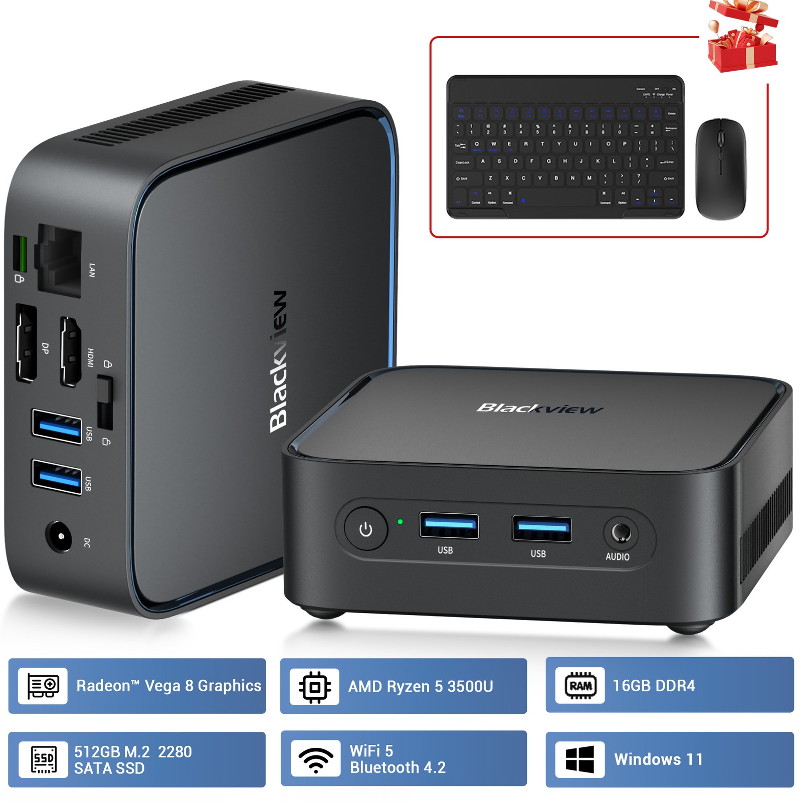 Blackview MP50 Mini PC Ryzen 5 3500U 16GB 512GB SSD Win 11 Pro W/ Keyboard Mouse