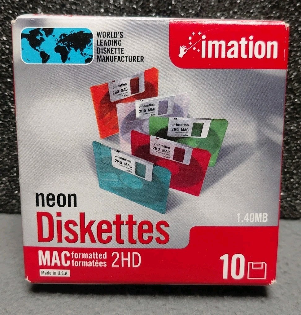 NEW Pack of 10 Imation Neon Diskettes MAC Formatted 2HD Made in USA 1.4MB