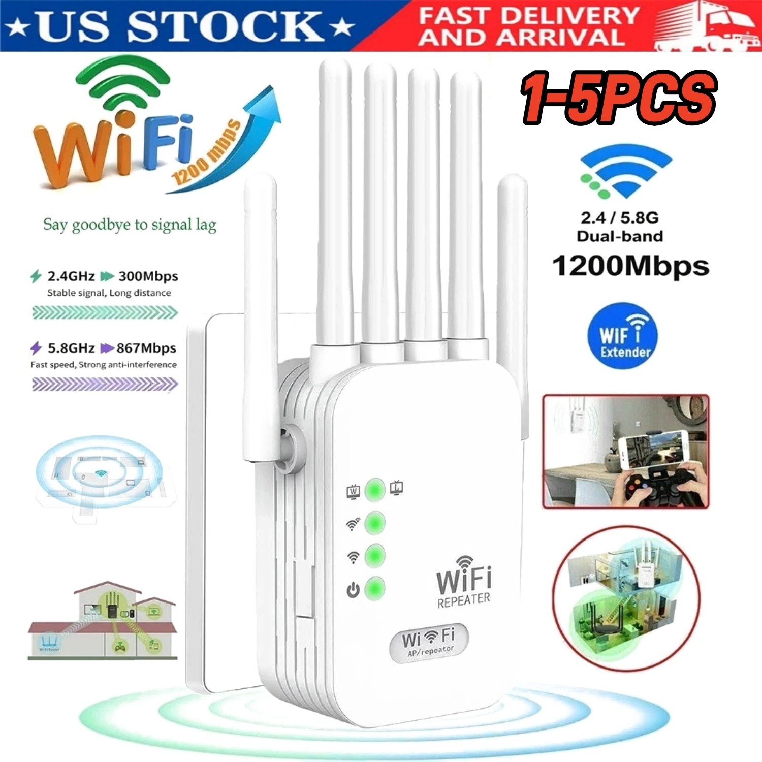 WiFi Extender 6-Antenna Strong Signal, 1200Mbps Dual Band (5GHz/2.4GHz) Booster