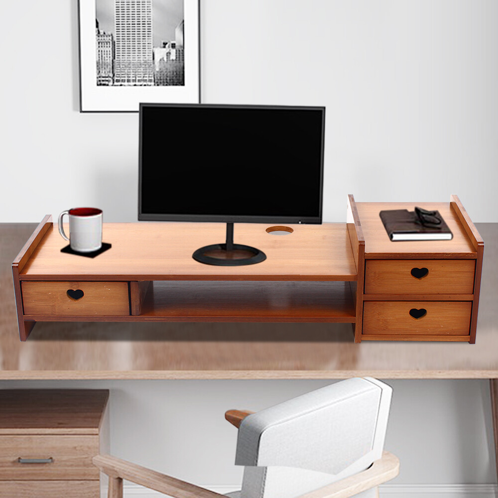 Bamboo Monitor Stand Riser with 3 Drawers & Storage Slots