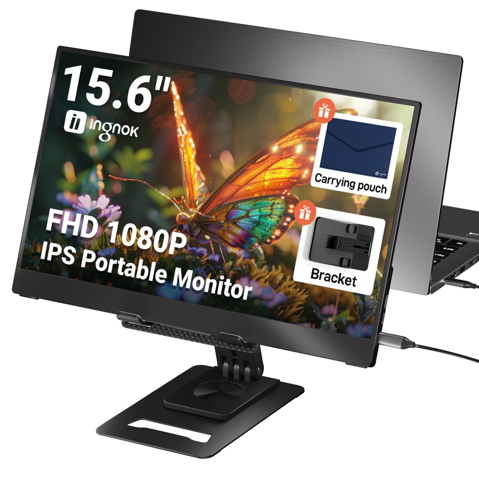 Ingnok 15.6" FHD IPS Portable Monitor USB C/HDMI for Laptop PC Phone PS4 PS5