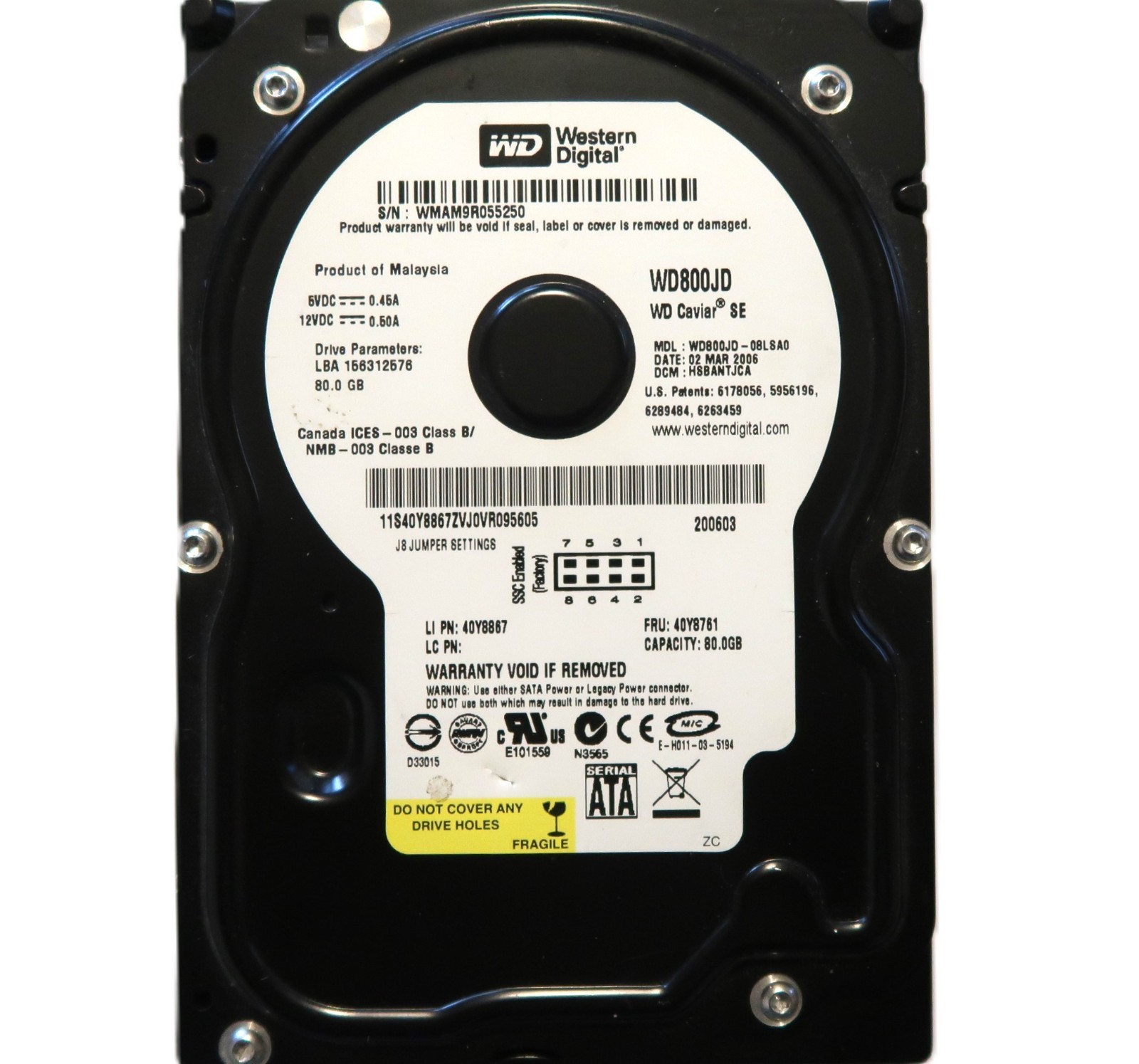 WD WD800JD-08LSA0 HSBANTJCA (WMAM) Malaysia 80gb Sata 3.5" HDD MAR/2006