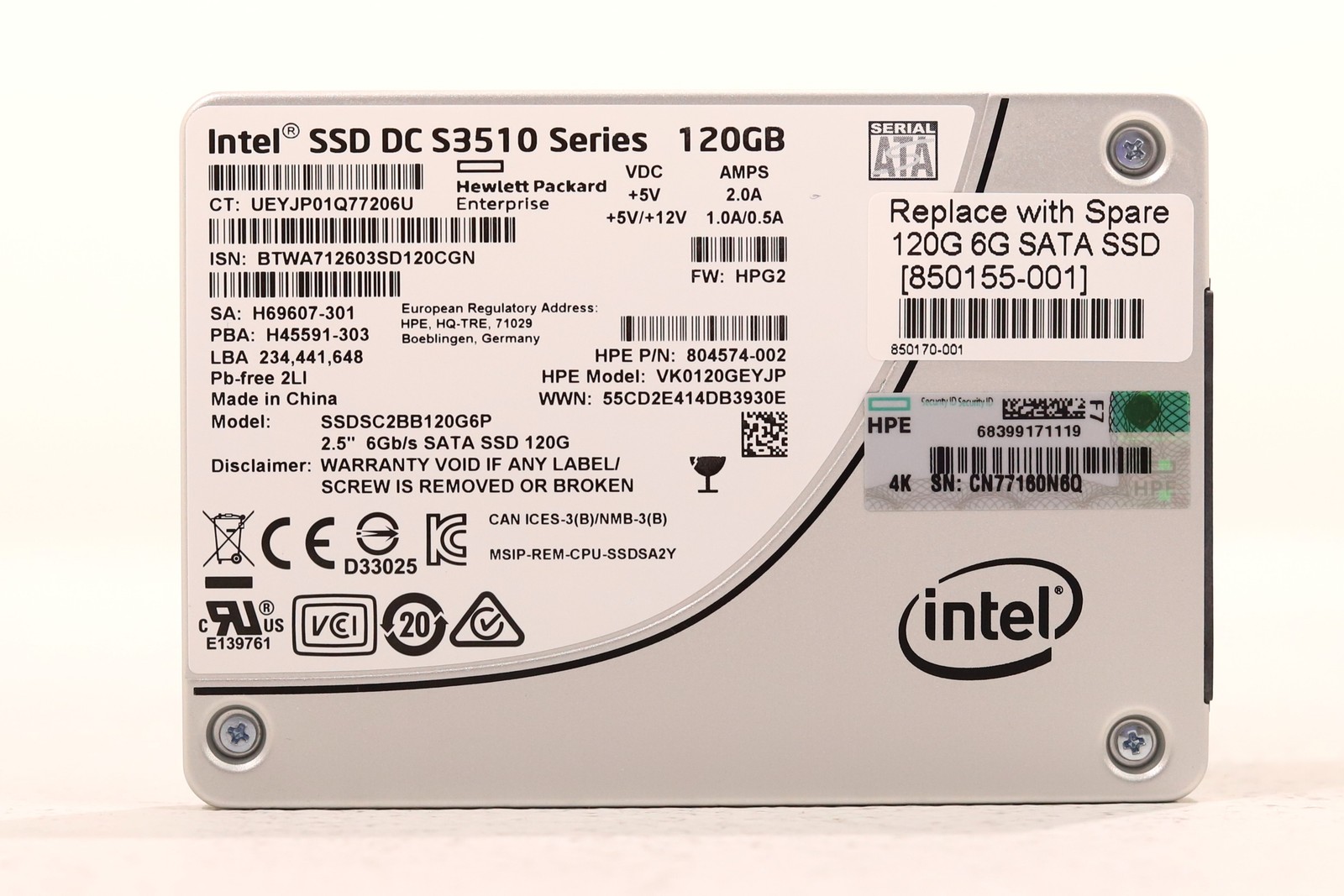 HP SSDSC2BB120G6P DC S3510 Series 120GB 2.5" 6Gb/s SATA SSD P/N: 804574-002