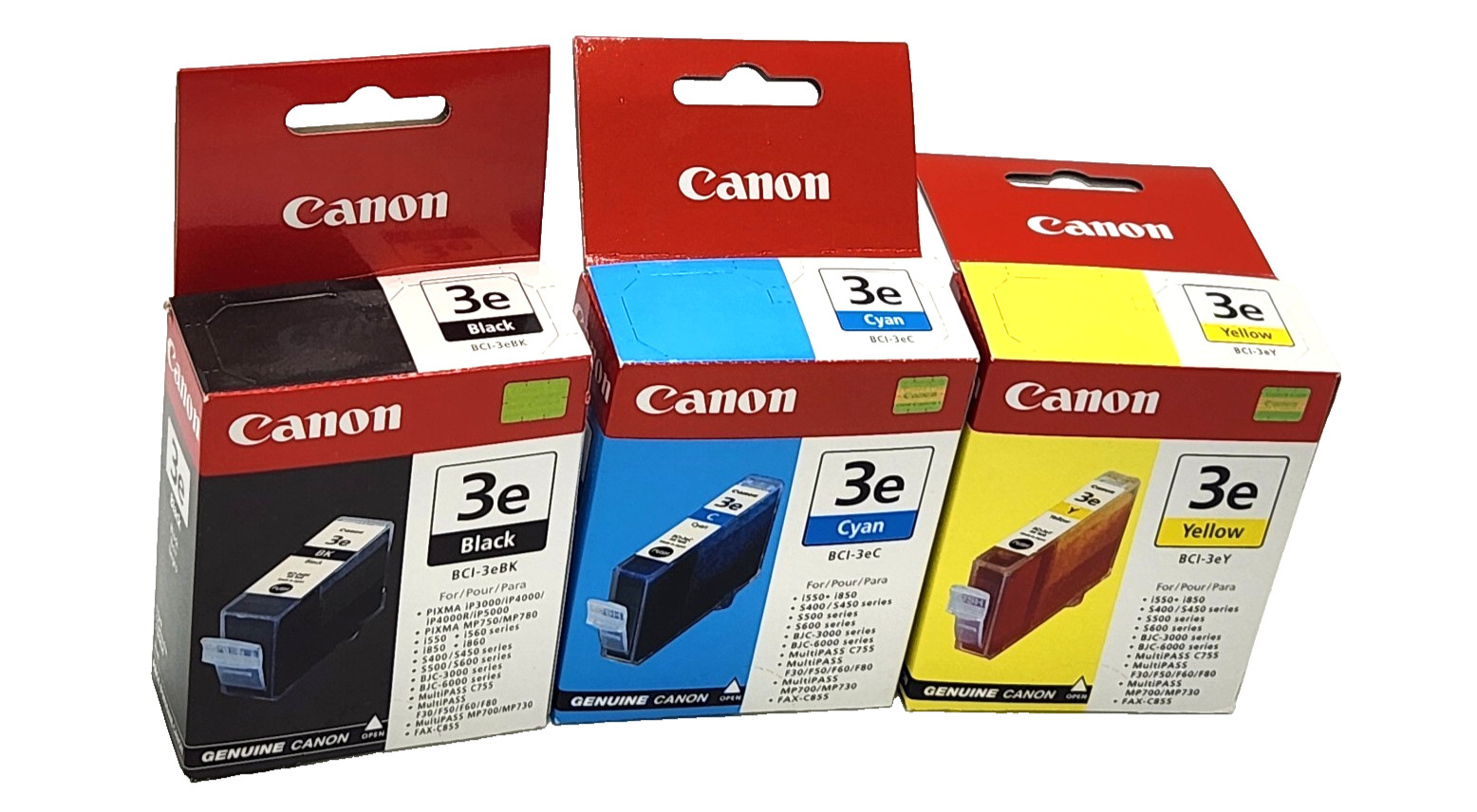 Lot of 3 Sealed Canon BCI-3e Ink Cartridges (Black, Cyan & Yellow)