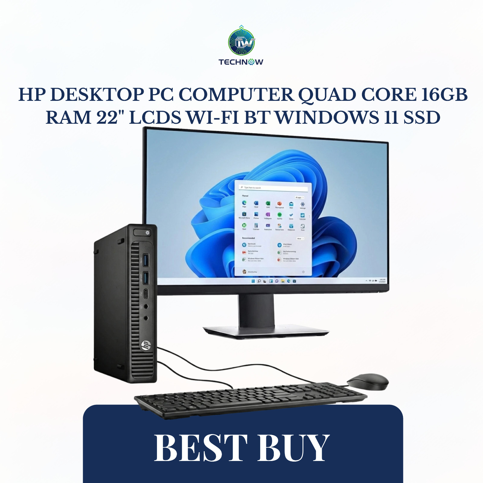 HP Desktop PC Computer Quad Core 16GB RAM 22" LCDs Wi-Fi BT Windows 11 SSD