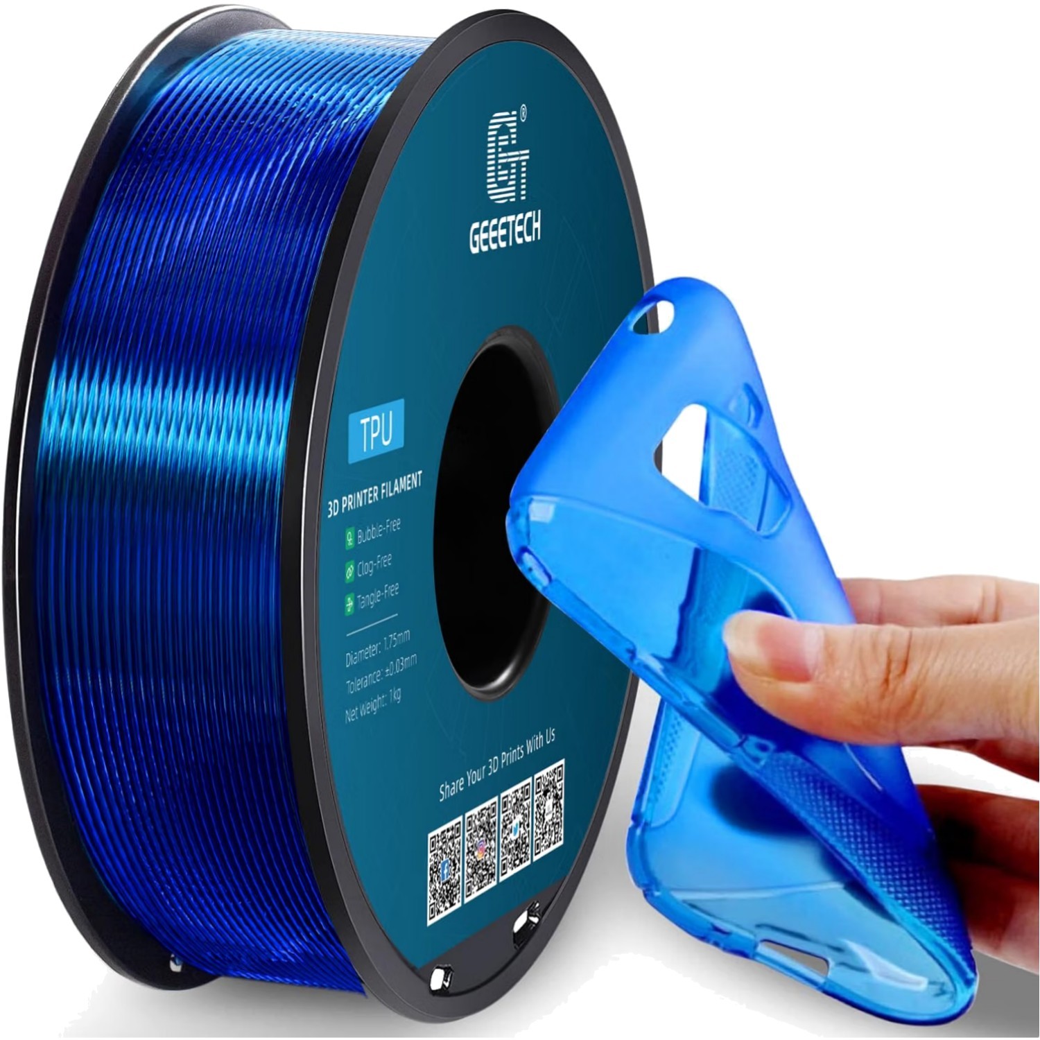 Clear Blue TPU Filament 1.75mm, Shore 95A - Reliable & Flexible 3D Printing