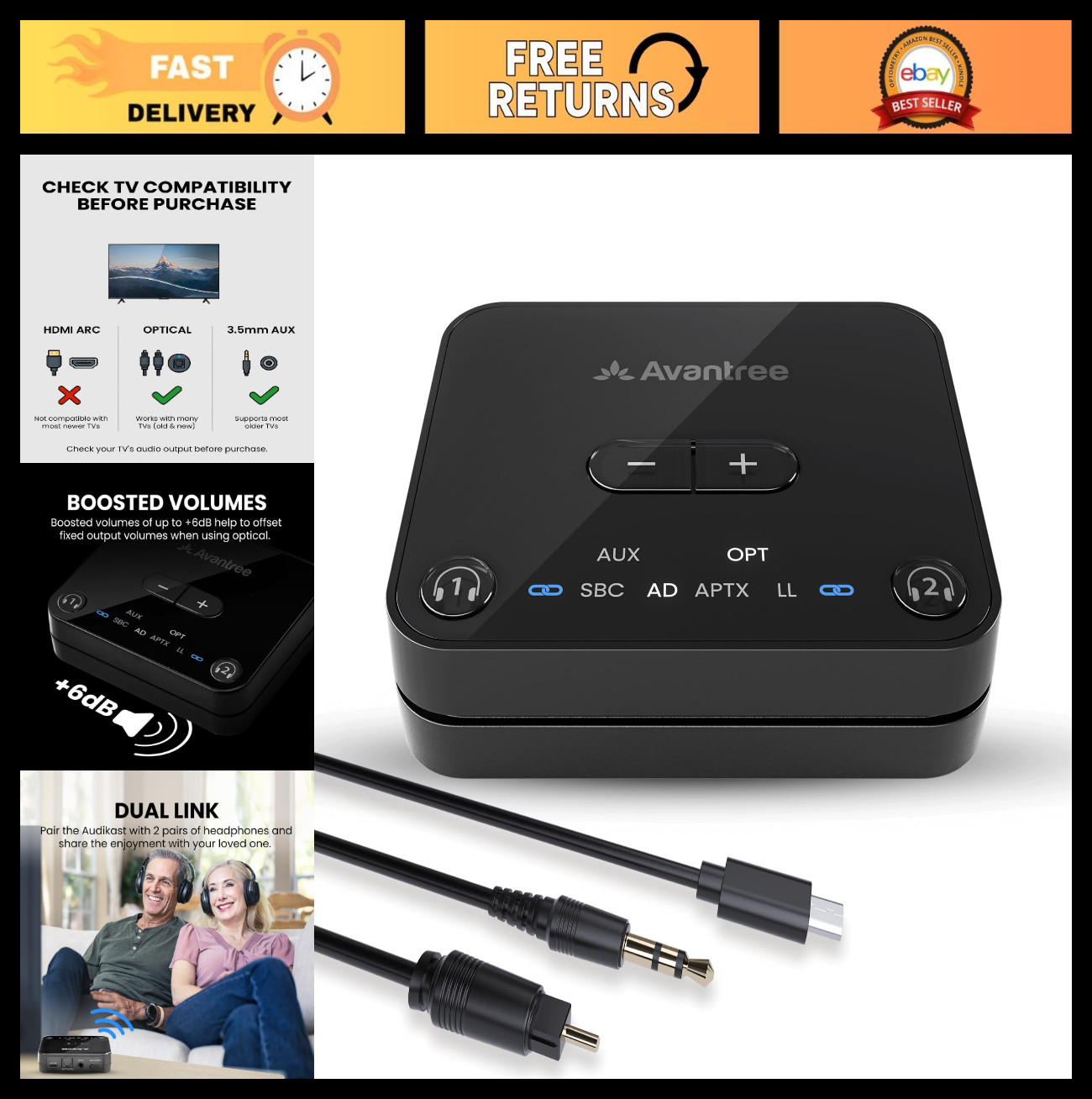 Bluetooth 5.3 Audio Transmitter for TV - Optical & AUX, aptX Adaptive, Dual Head