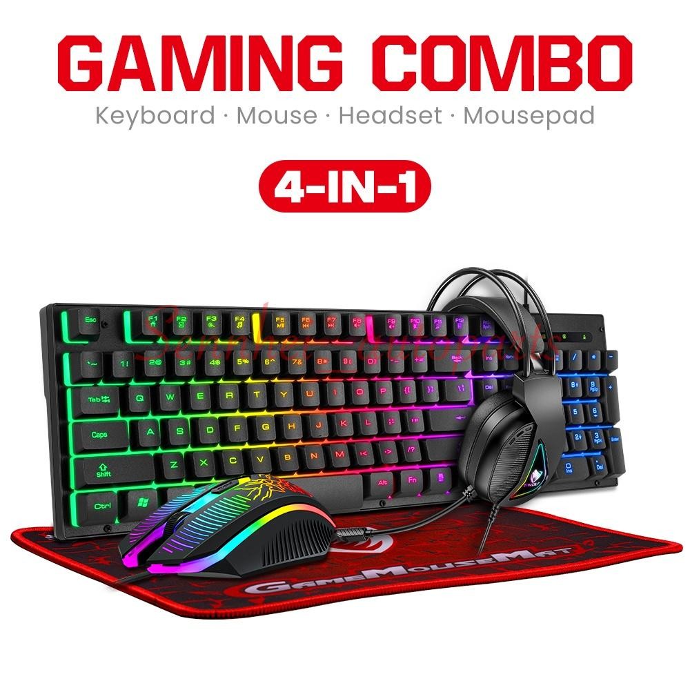 4IN1 LED Gamer Bundle Mechanical Kits,RGB PC Gaming Keyboard Mouse &Headset Set