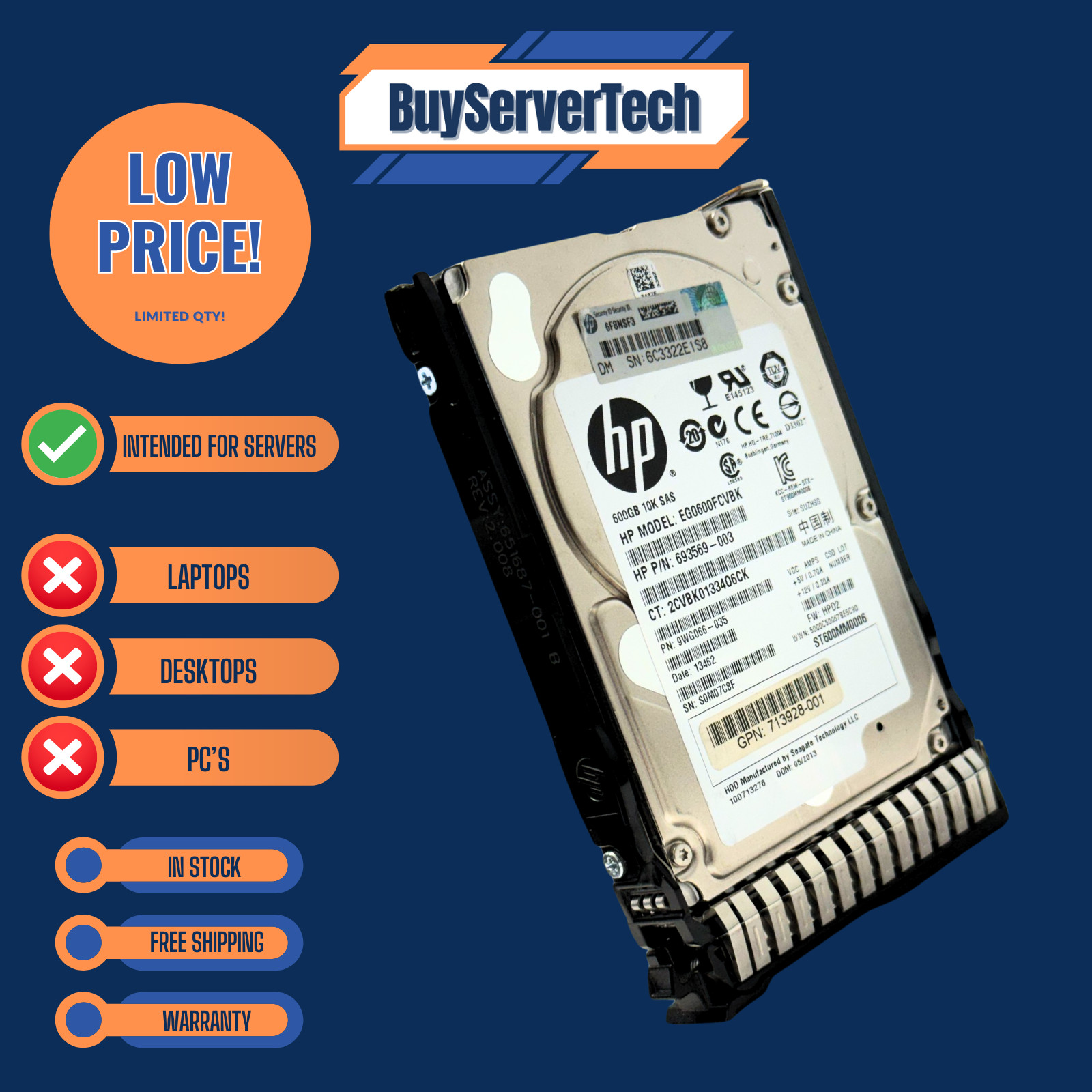 HP 652583-B21 600GB 10K 2.5" SAS 6G SFF HDD 653957-001 Smart Carrier G8 G9 G10