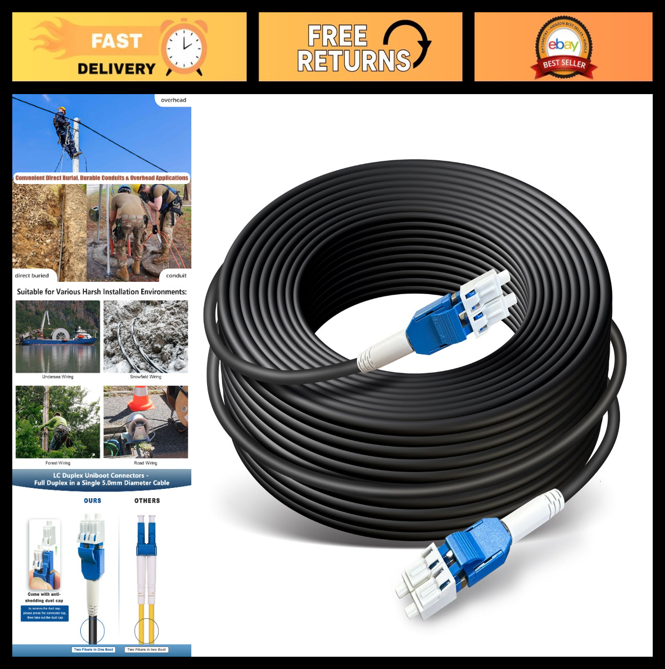100ft Outdoor Armored Fiber Optic Cable, Duplex Single Mode, LC to LC, 9/125um