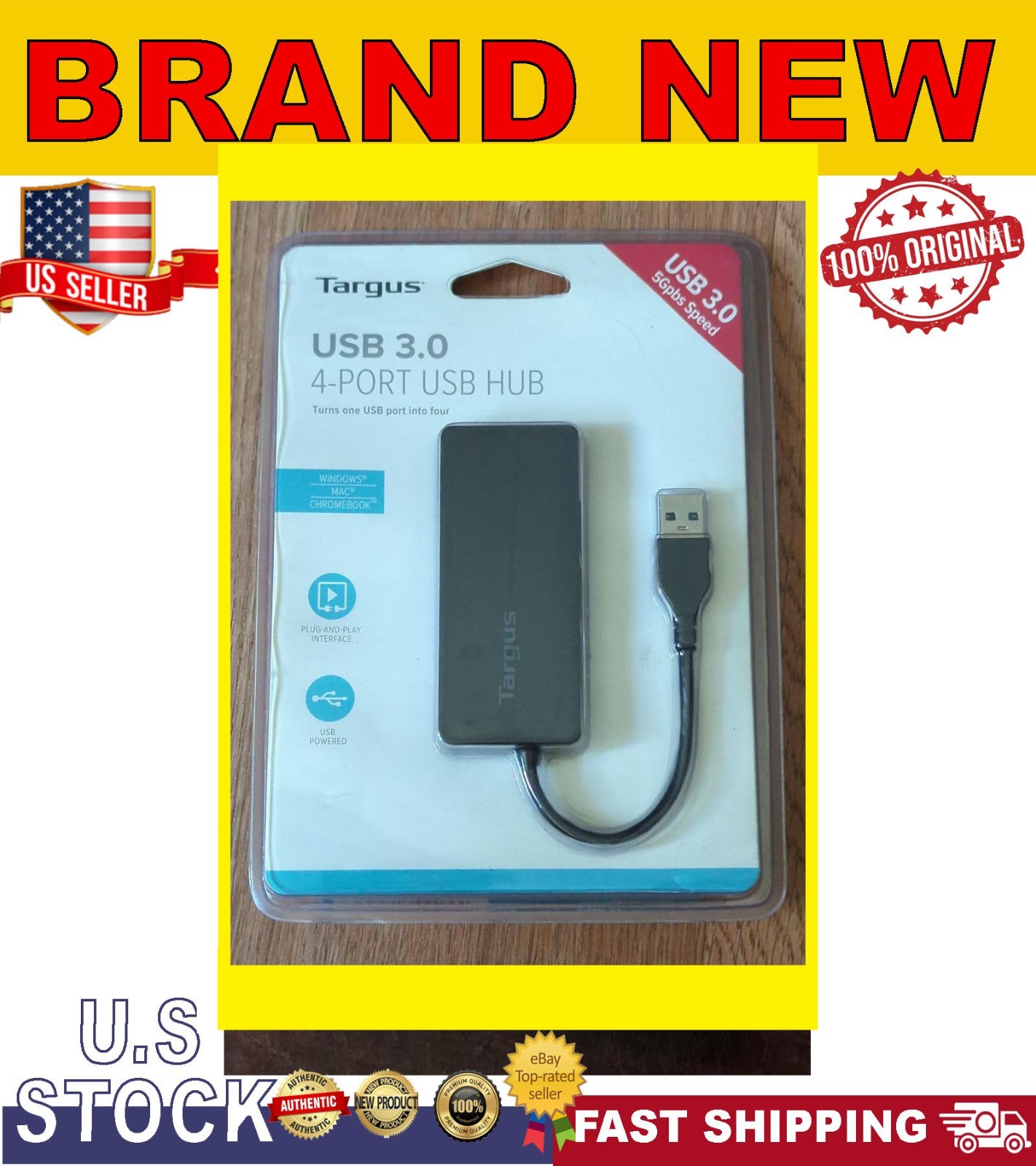Targus ACH155 USB 3.0 4-Port Hub Plug and Play Turns 1 Port Into 4 New