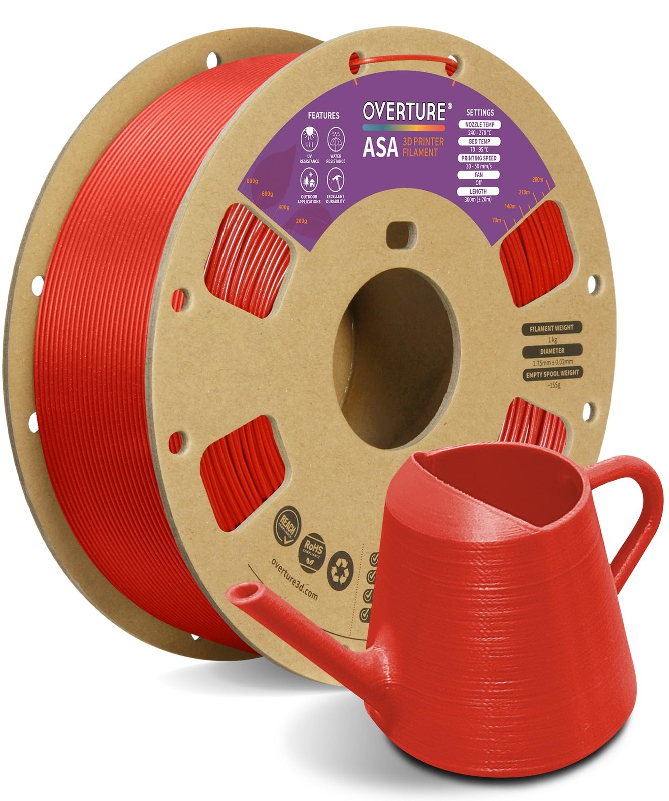 ASA Filament 1.75mm Diamond Red 1kg | UV Resistant & Weatherproof - 3D Printed