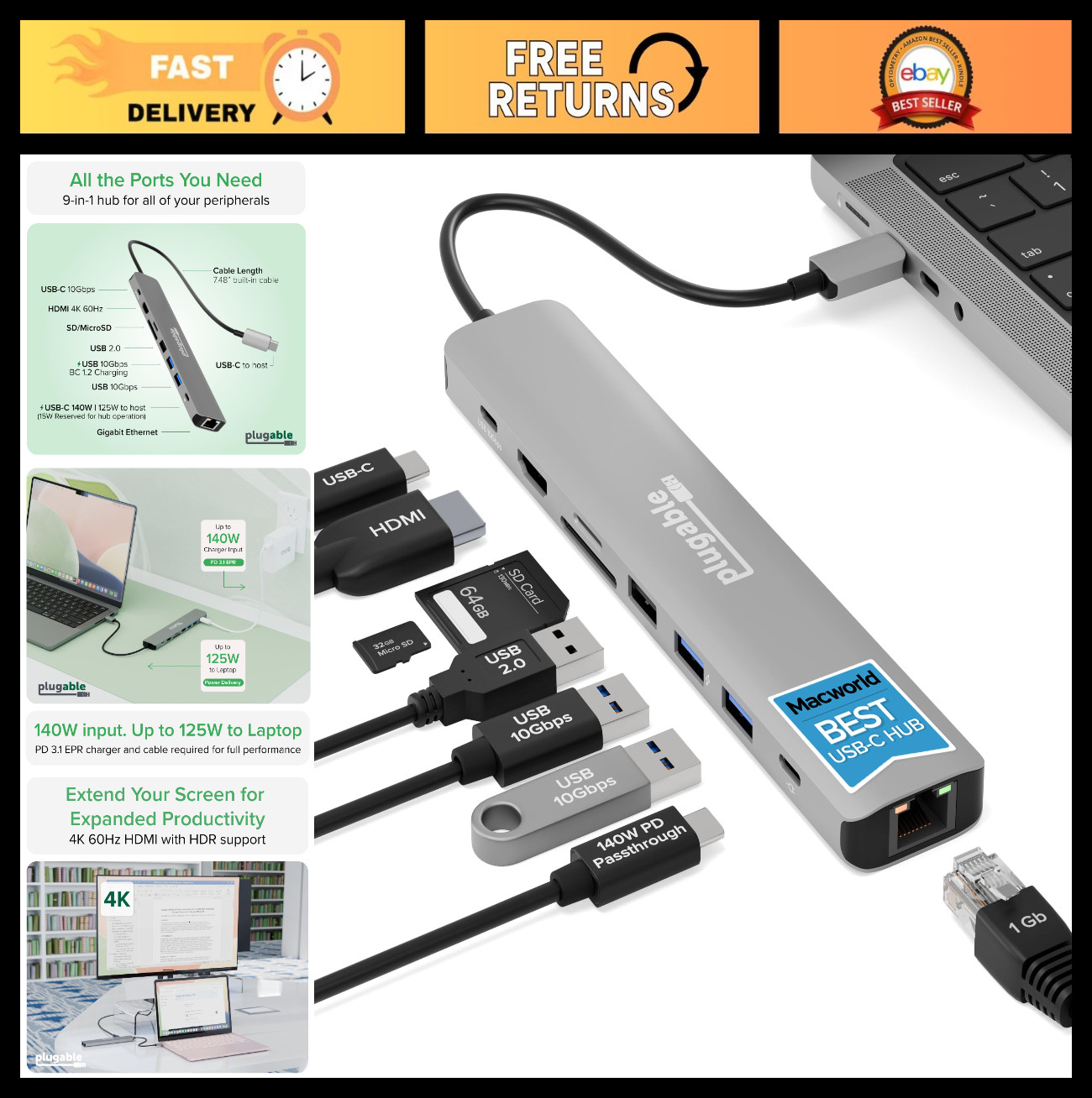 9-in-1 USB C Hub Adapter - 140W PD Charging, 4K HDMI, 10Gbps Data, Gigabit Ether
