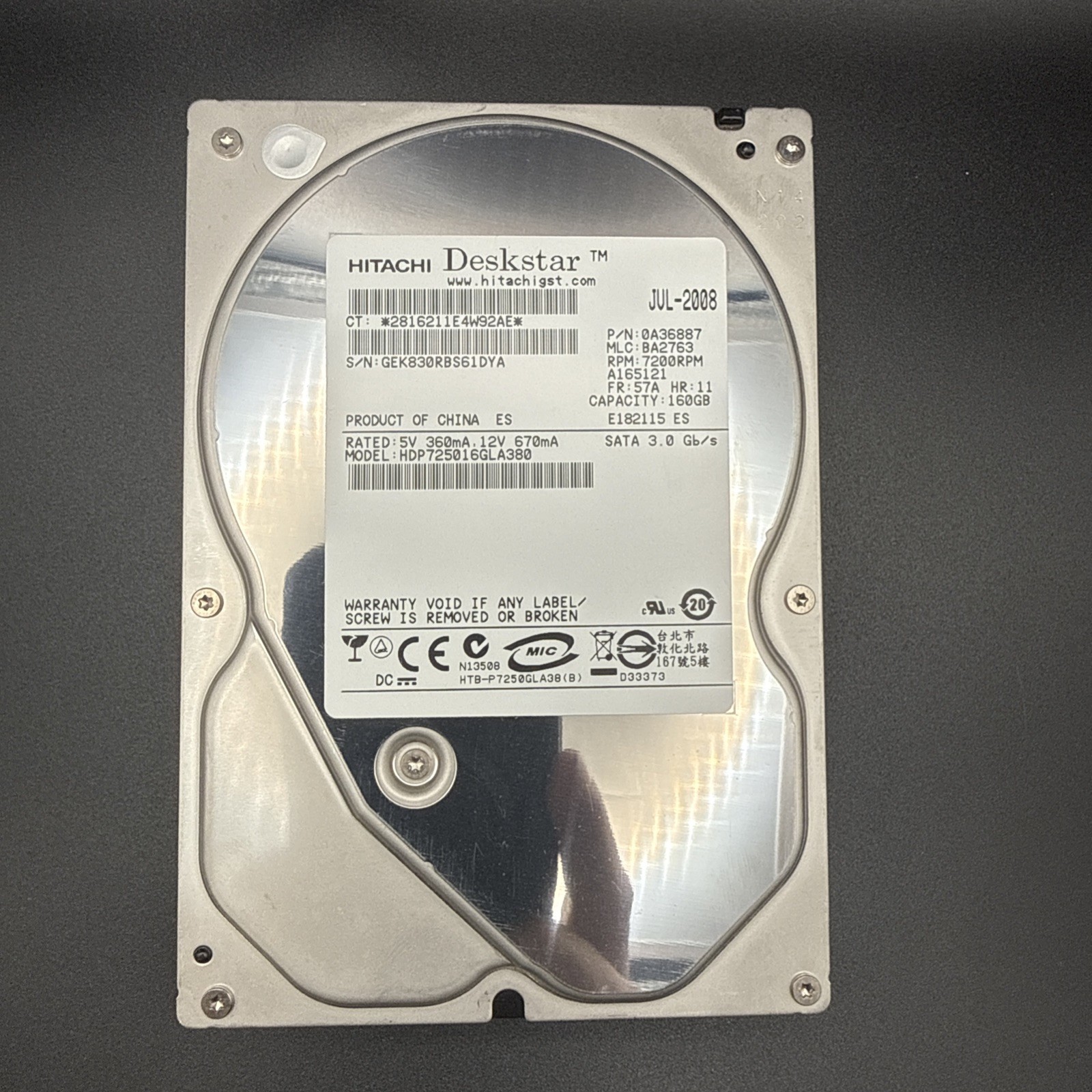 Hitachi Deskstar 160GB 7200 RPM SATA 3.5in Hard Drive HDD HDP725016GLA380