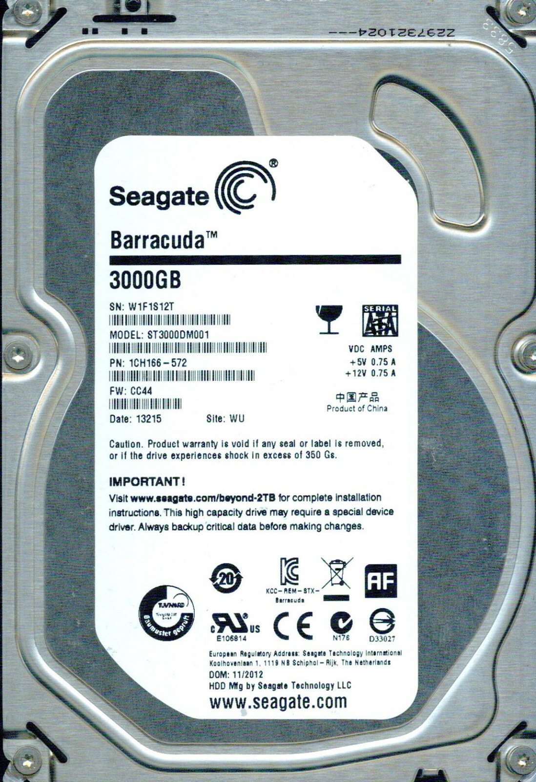 ST3000DM001, 1CH166-572,  CC44,   WU,  W1F1,   SEAGATE  3TB 