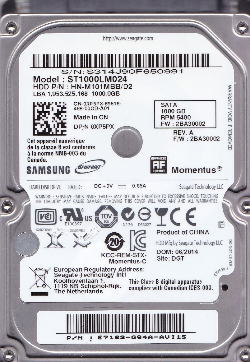 ST1000LM024 p/n: HN-M101MBB/D2 s/n: S31 2014 1TB SATA *PAUNI_L2958*PA VID=0011