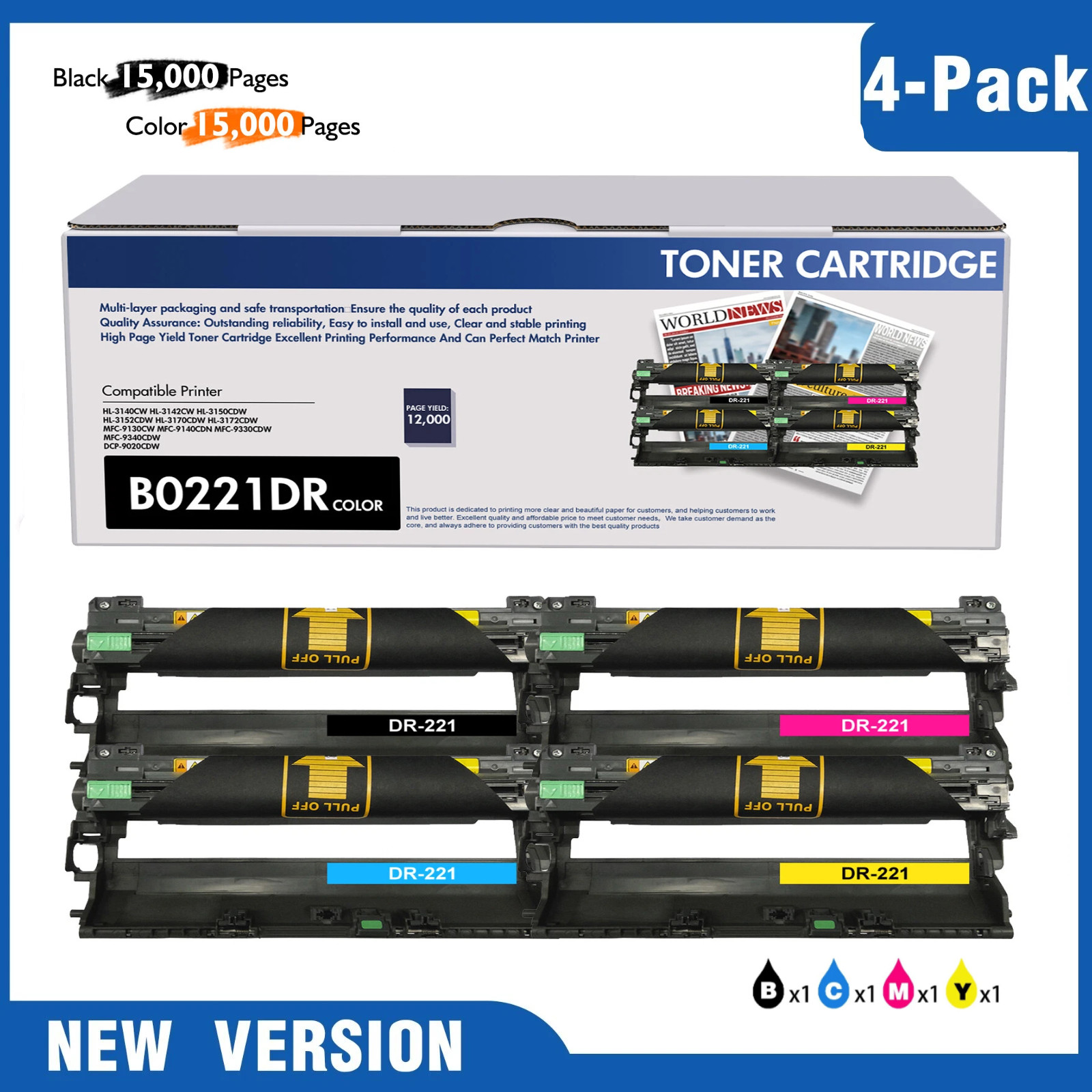 4PK DR-221CL DR221 Drum Unit For Brother TN221 HL-3140CW MFC-9330CDW MFC-9340CDW