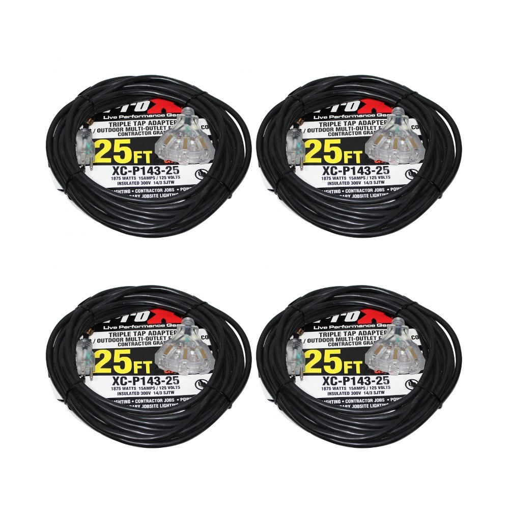 Pack of 4x Pro X 25 Ft. 120VAC NEMA 15 Male to 3 Socket Female Power Cord 14 AWG