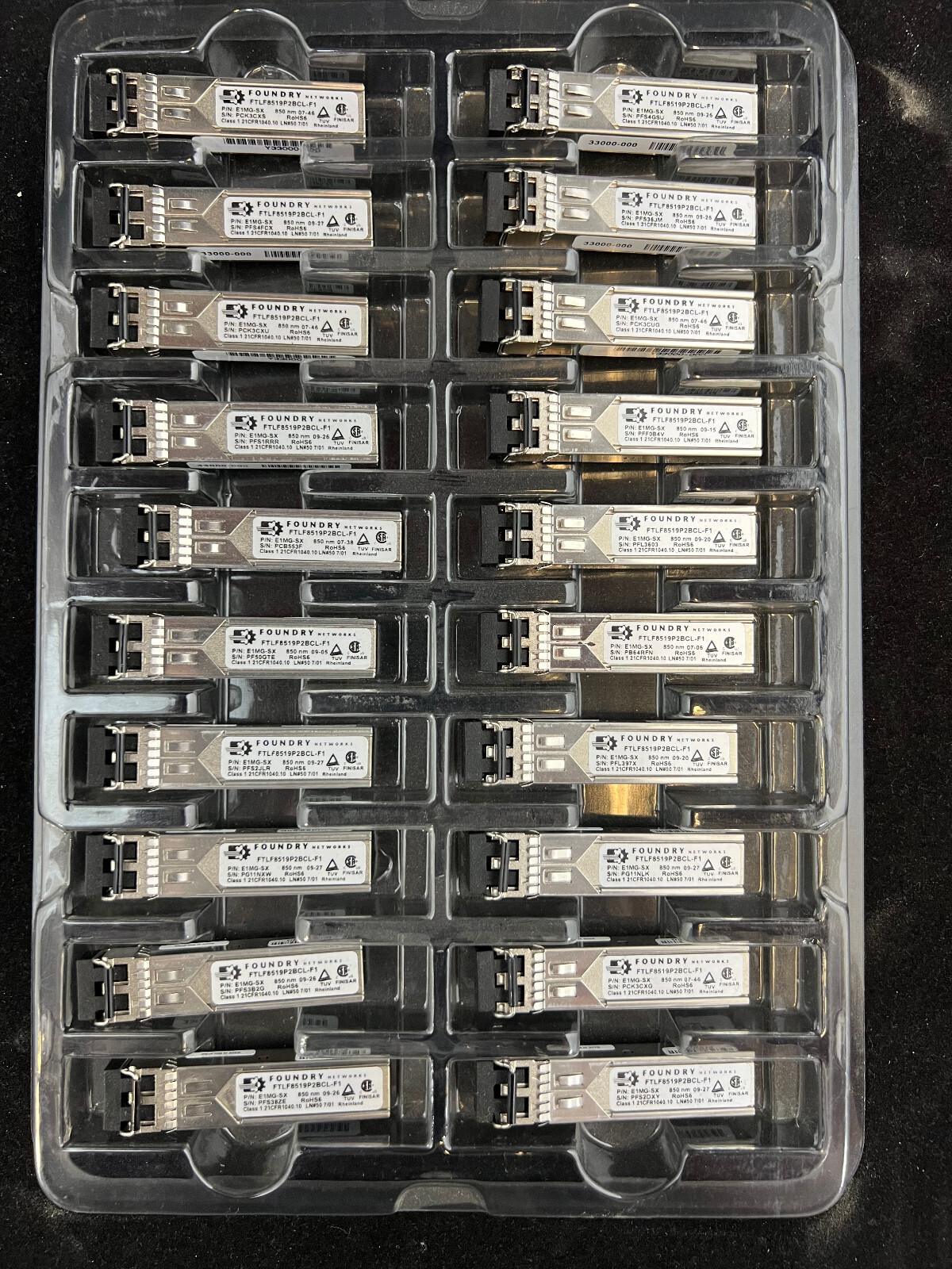 Lot of 20 Foundry 1000BASE-SX SFP E1MG-SX FTLF8519P2BCL-F1 500m 850nm Com Temp