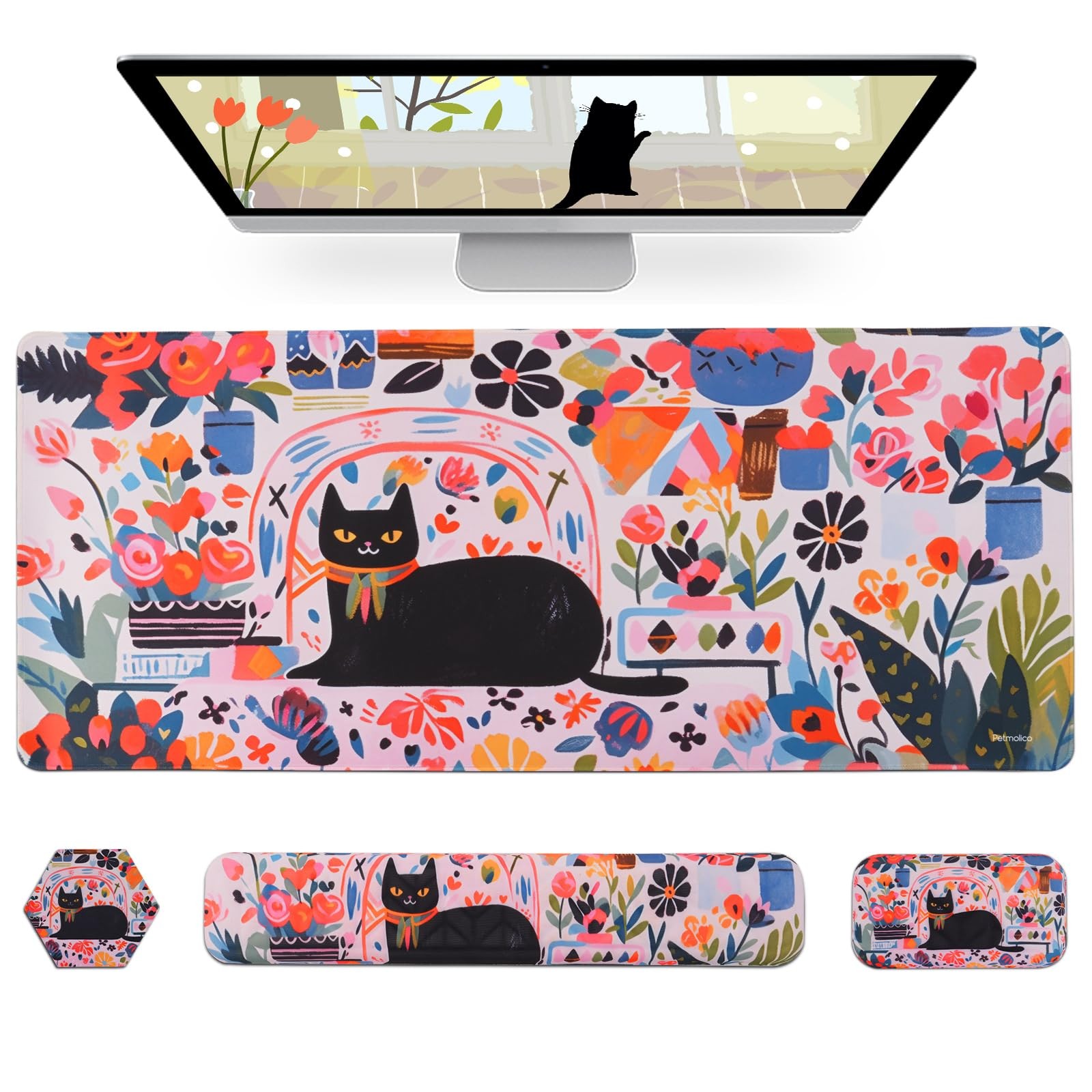 Petmolico 4-in-1 Wrist Rest Set with Desk Pad, Cat 35.4 x 15.7 inches, Rose