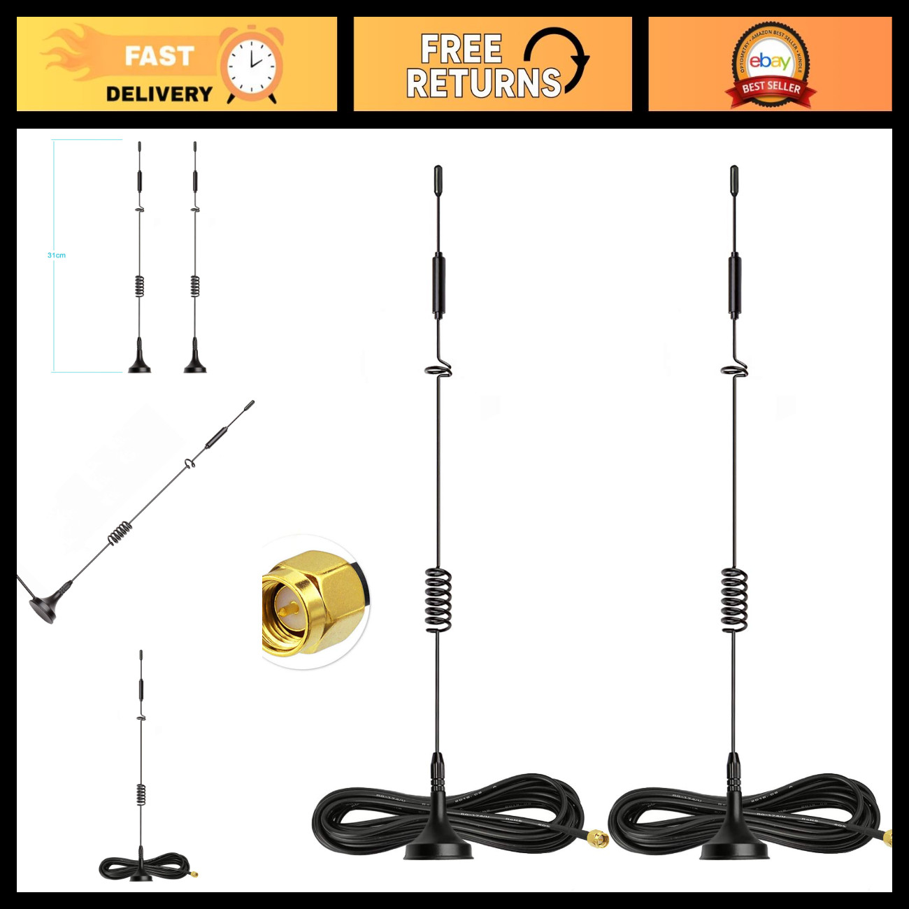 4G LTE MIMO Antenna 8dBi SMA Male for Router, Modem & Camera - 2-Pack