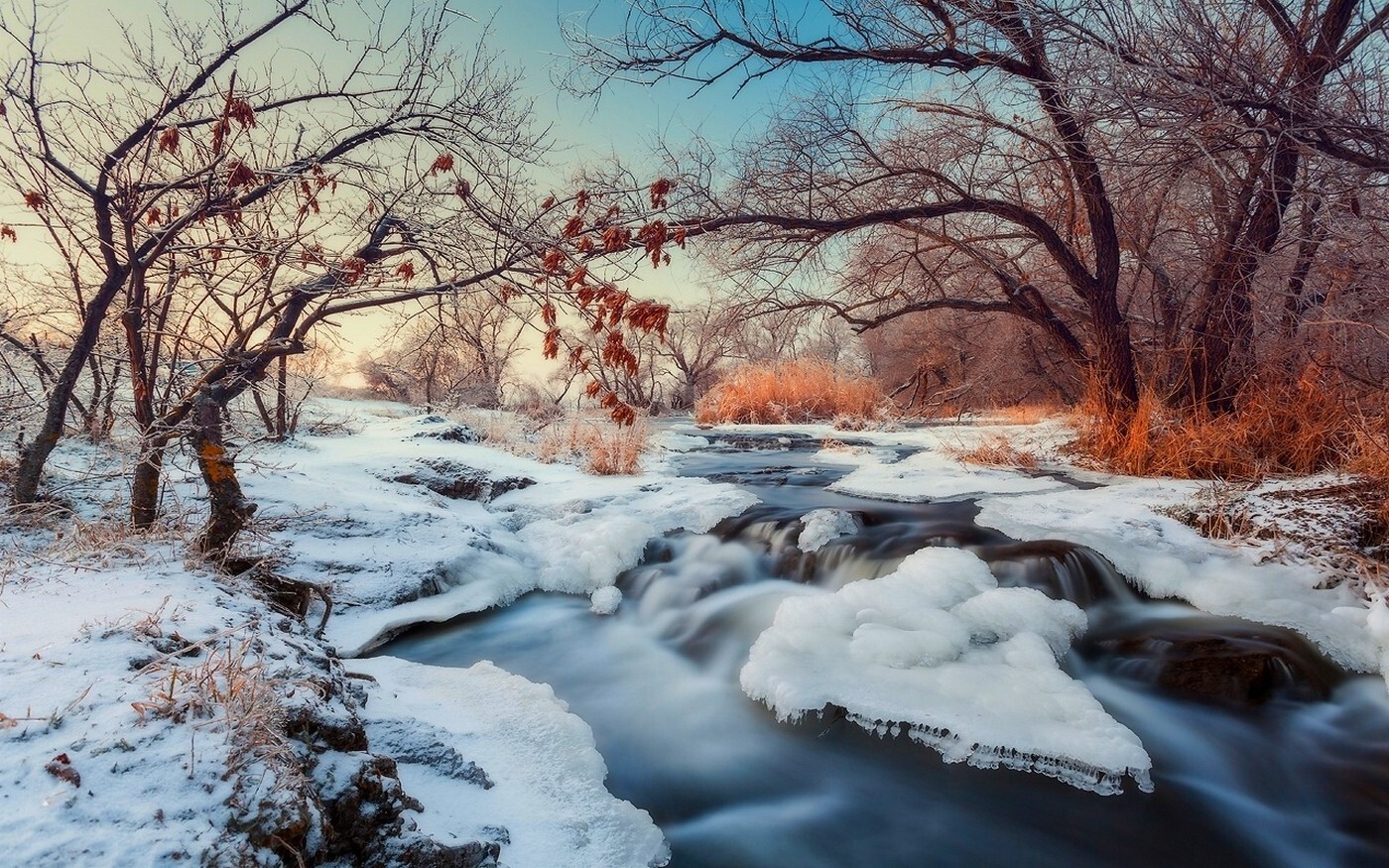 Landscape nature winter river snow trees shrubs sunset Custom Gaming Mat Desk
