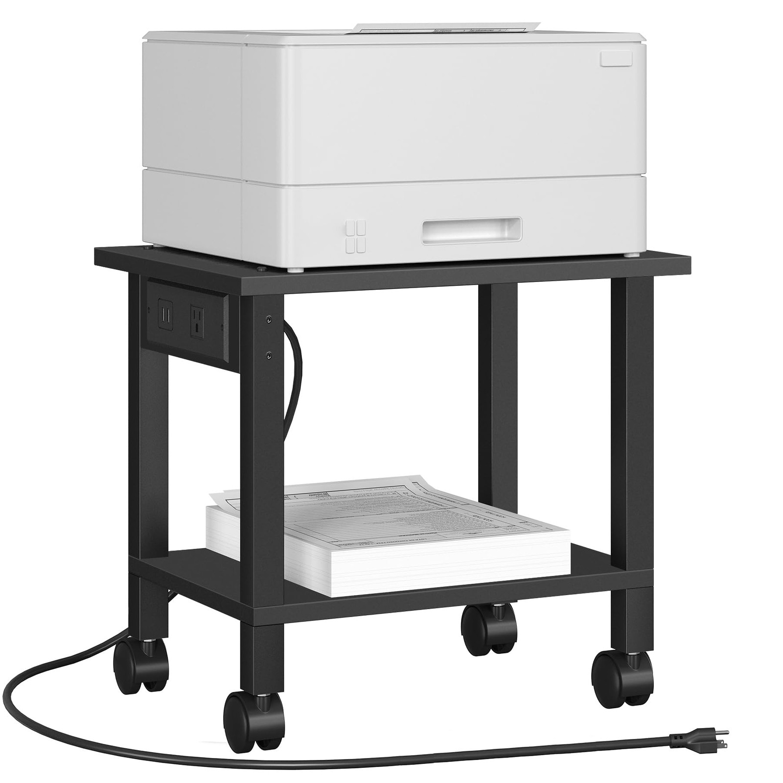 2 Tier Rolling Printer Cart Stand with Power Outlets USB Ports Under Desk