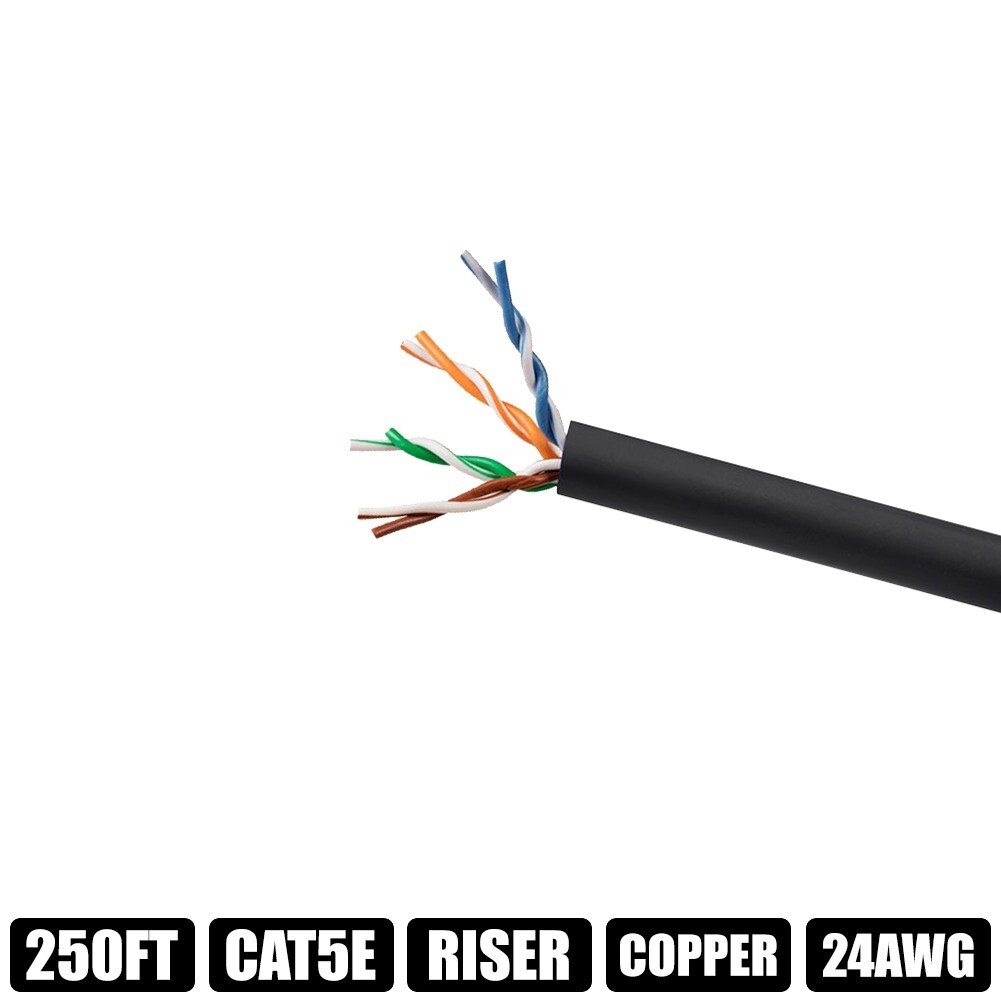 250FT Cat5e Network LAN Ethernet UTP Cable Cord CMR Riser Copper Solid Bulk Wire