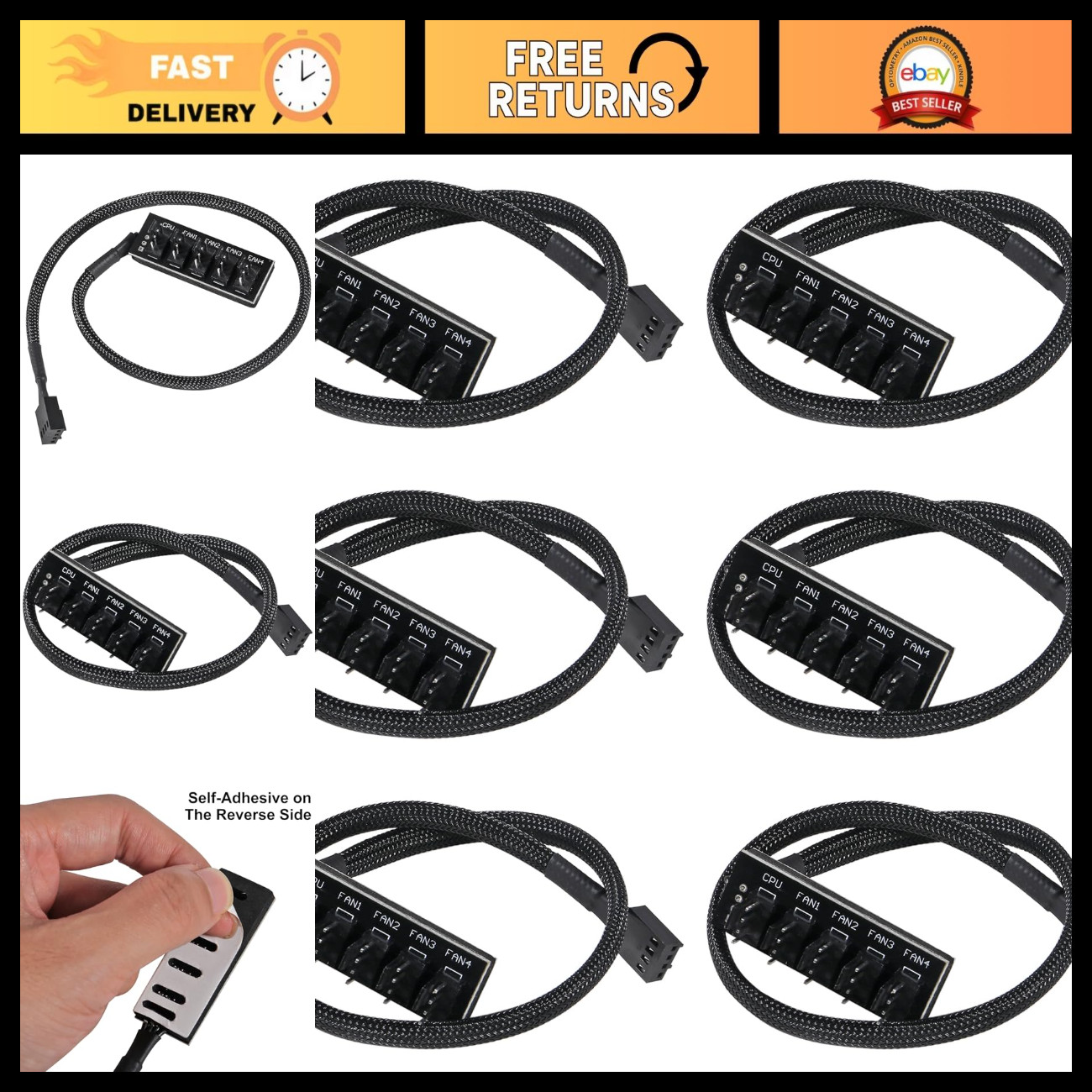 6-Pack 4-Pin PWM Fan Hub Splitter - 1 to 5 Way Power Supply Cable for PC Cooling
