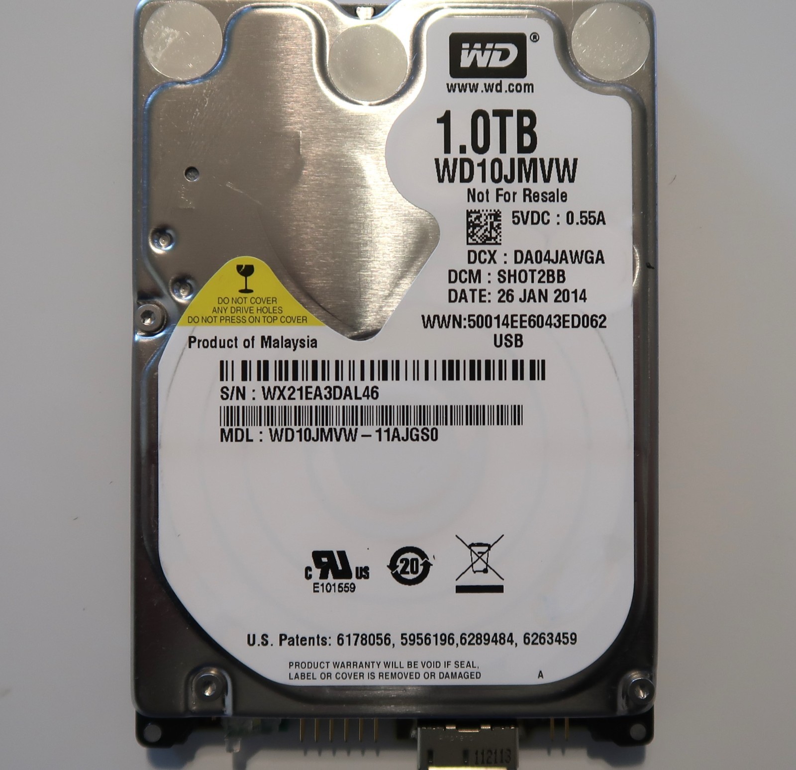WD WD10JMVW-11AJGS0 SH0T2BB Malaysia (WX21) 1TB USB HDD DA04JAWGA 01/2014