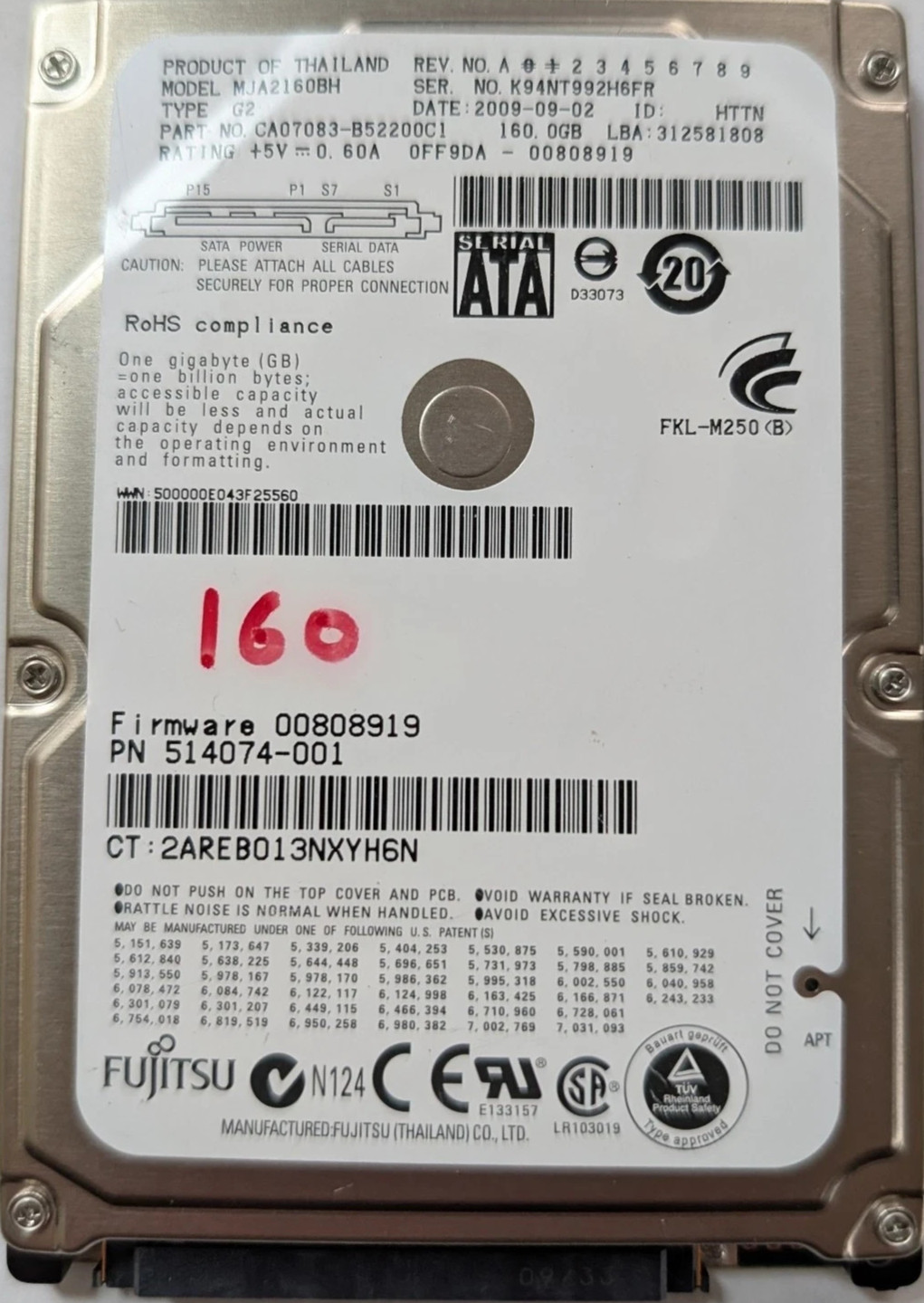 HP Fujitsu 160GB  Internal SATA Hard Drive - MJA2160BH-G2 514074-001 ~~