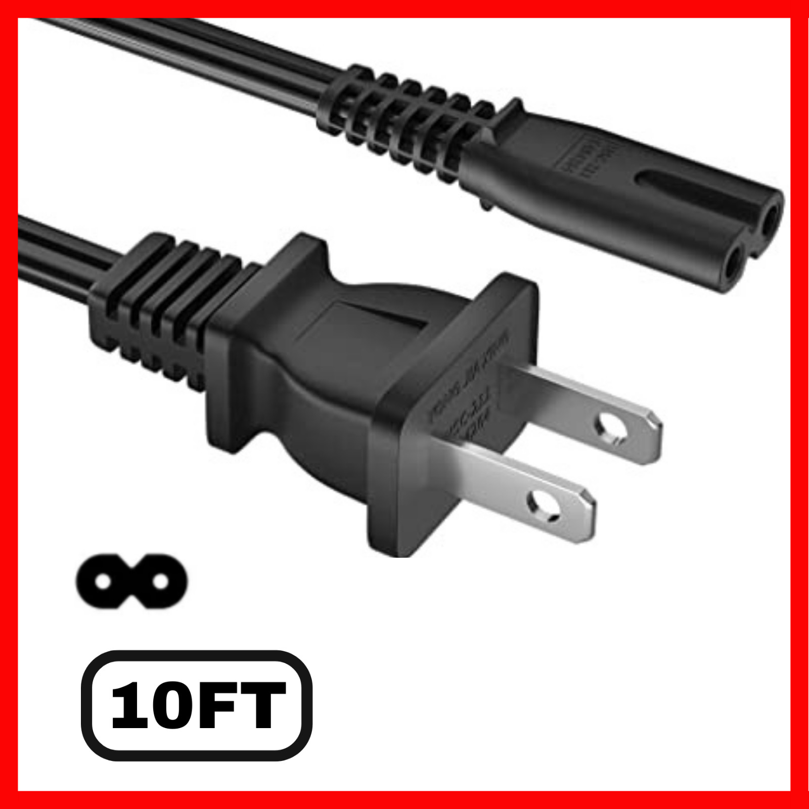 2 Prong Smart TV Power Cord 10FT, AC Power Cable for Samsung LG TCL Hisense