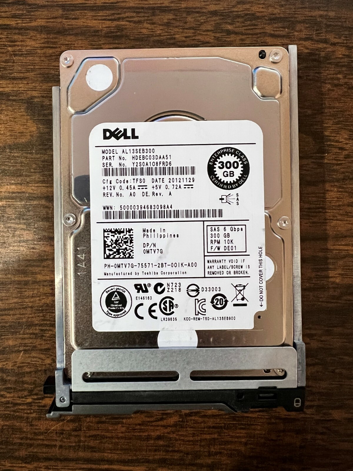 MTV7G 0MTV7G Dell 300GB 10K 6Gb/s 2.5" SFF SAS ENTERPRISE Hard Drive W/ Tray