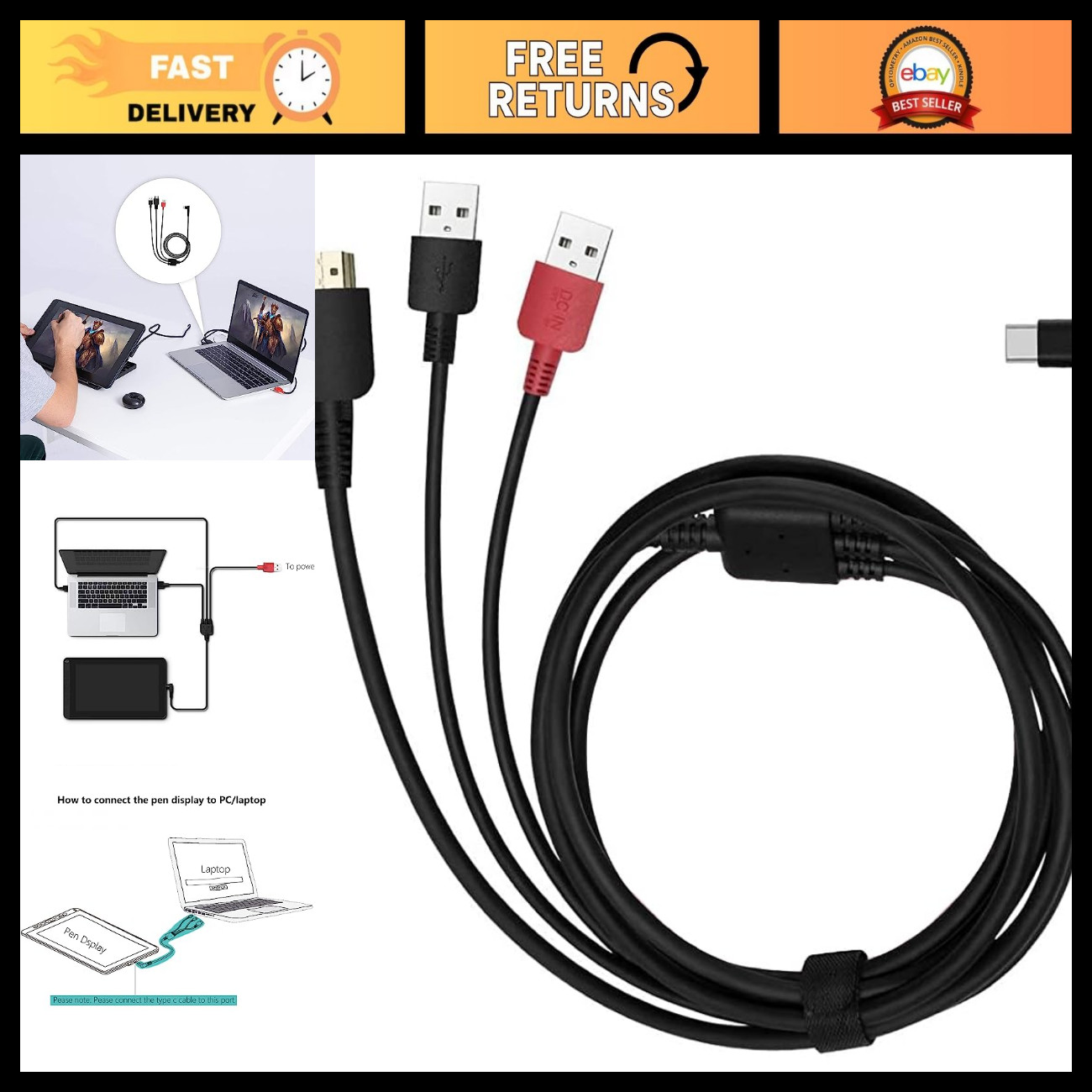 3-in-1 Charging Cable for Kamvas 12/13 & 16 (2021) Drawing Tablet - Fast Data Tr