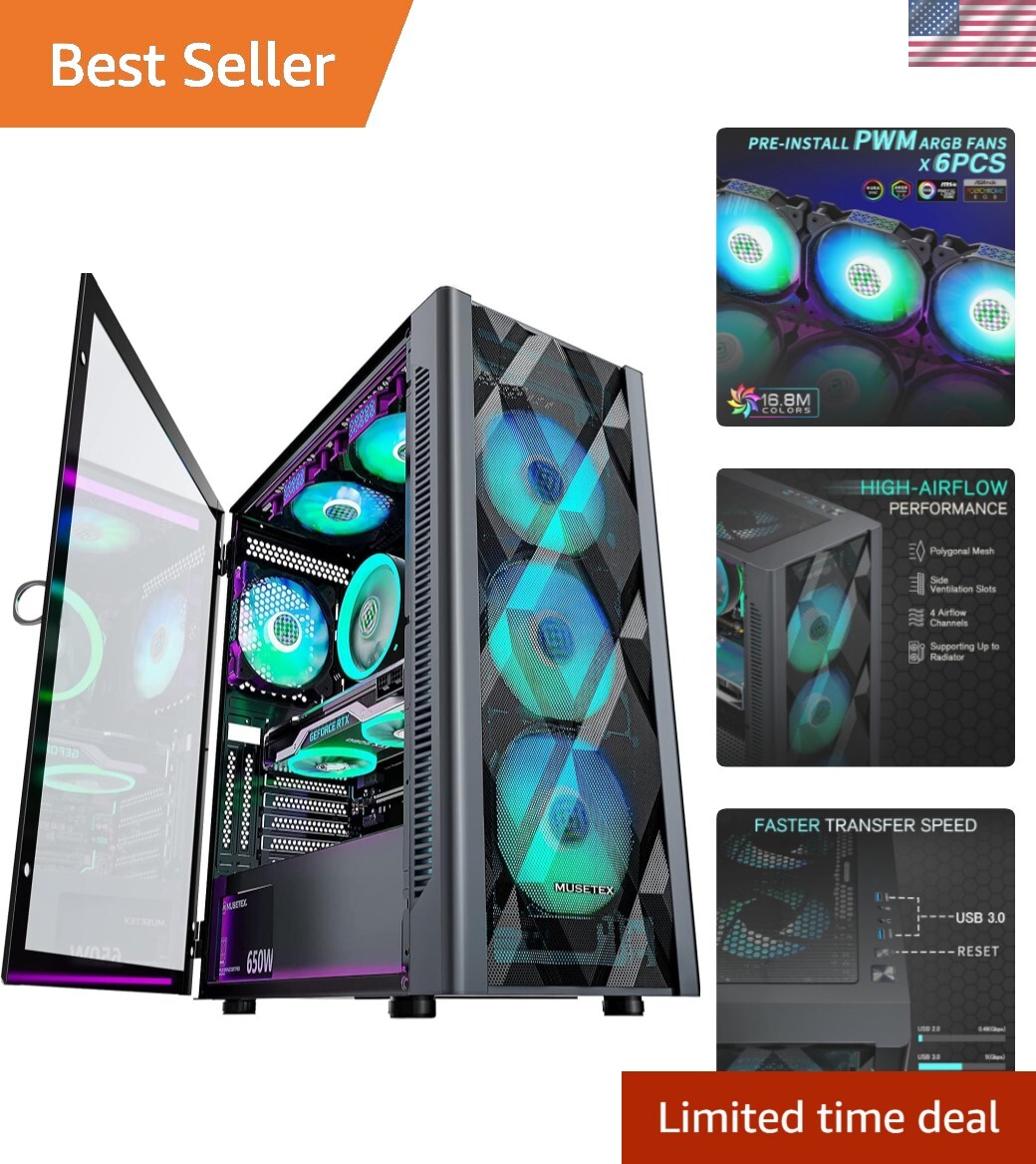 MUSETEX NN8 ATX Case with 6 Preinstalled PWM ARGB Fans, Stylish Mesh Front Panel