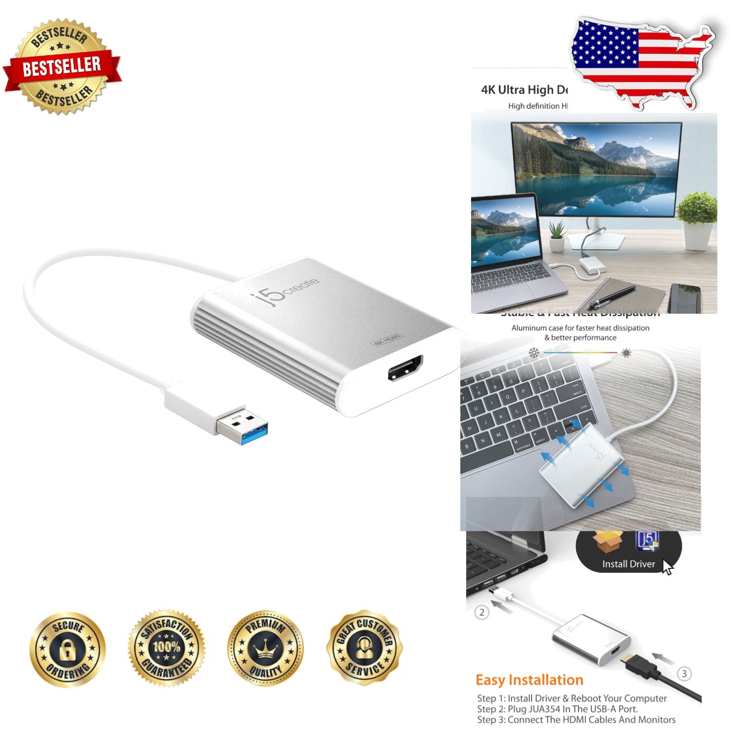 Stunning 4K HDMI USB 3.0 Adapter - Aluminum, Dual Display, UHD Playback