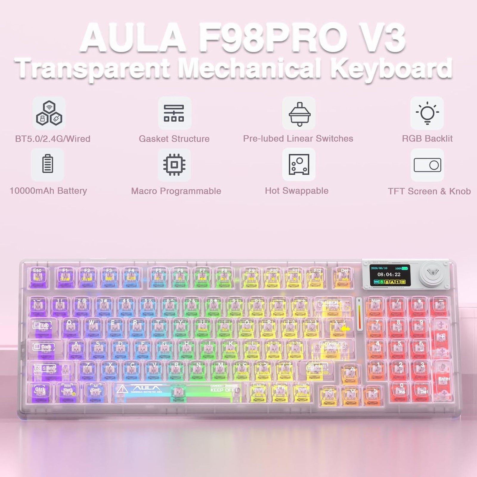 Wireless Mechanical Keyboard F98 Pro V3 with Transparent Keycaps Hot-swappable
