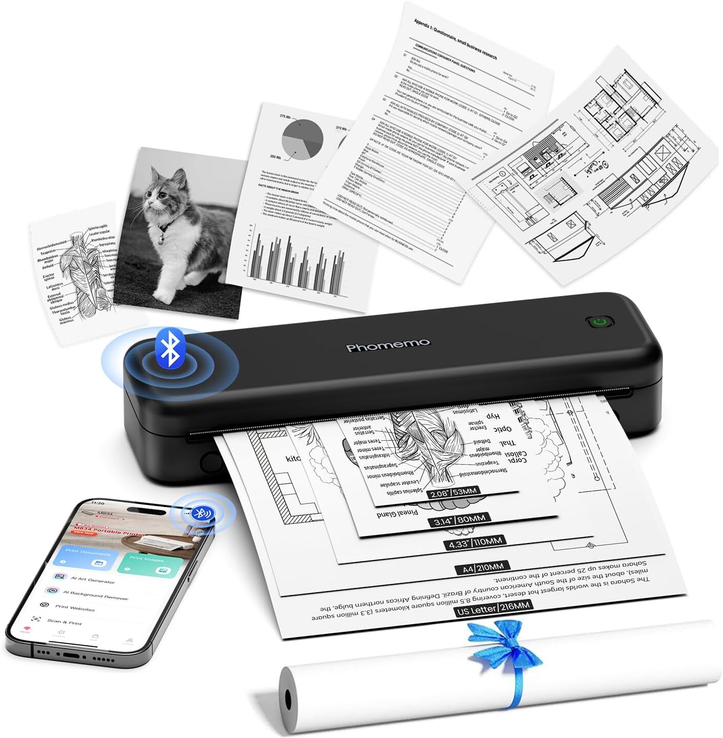 Phomemo M834 Portable Printer Upgraded Thermal Printer Support US Letter A4 Size