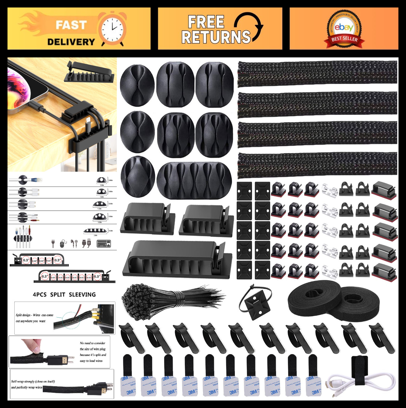 192 PCS Cable Management Kit - 4 Wire Organizer Sleeves, Tangle-Free Solution