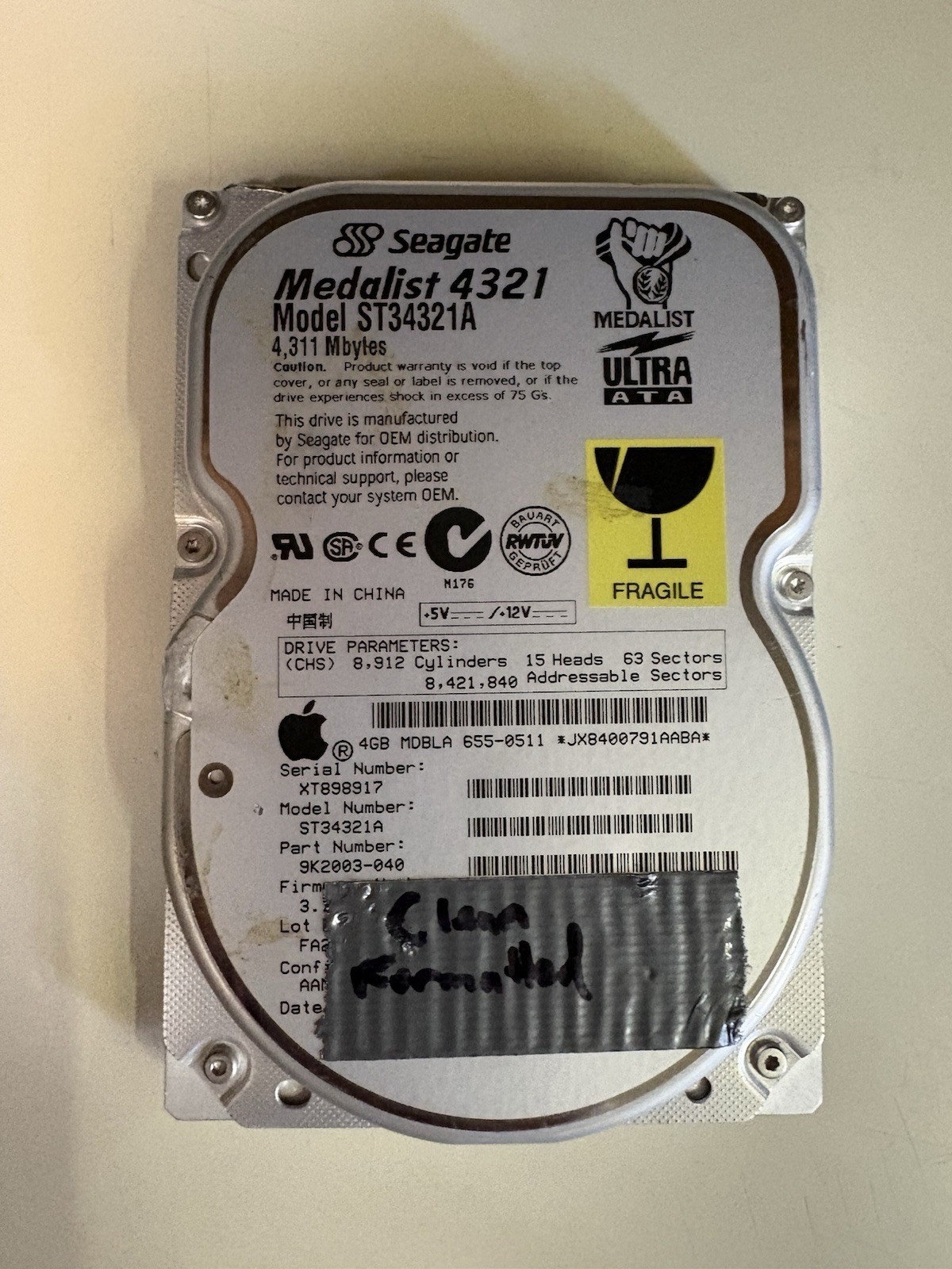 Apple OEM Seagate Medalist 4321 ST34321A 4.3GB IDE PATA 3.5" Hard Drive Untested