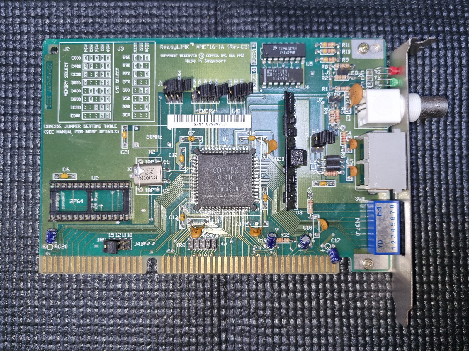 Compex ReadyLINK ANET16-1A ISA 10Mbps NIC network card - Vintage PC hardware