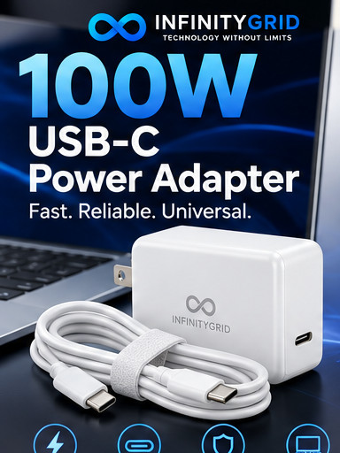 100W USB-C Power Adapter Fast Charger Laptop Tablet Phone USB Type-C White
