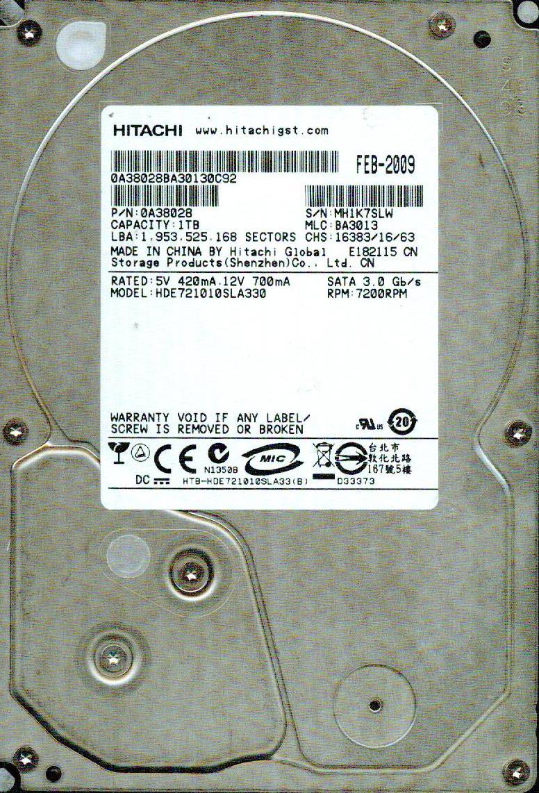  HDE721010SLA330 P/N: 0A38028 MLC:BA3013  HITACHI SATA 1TB