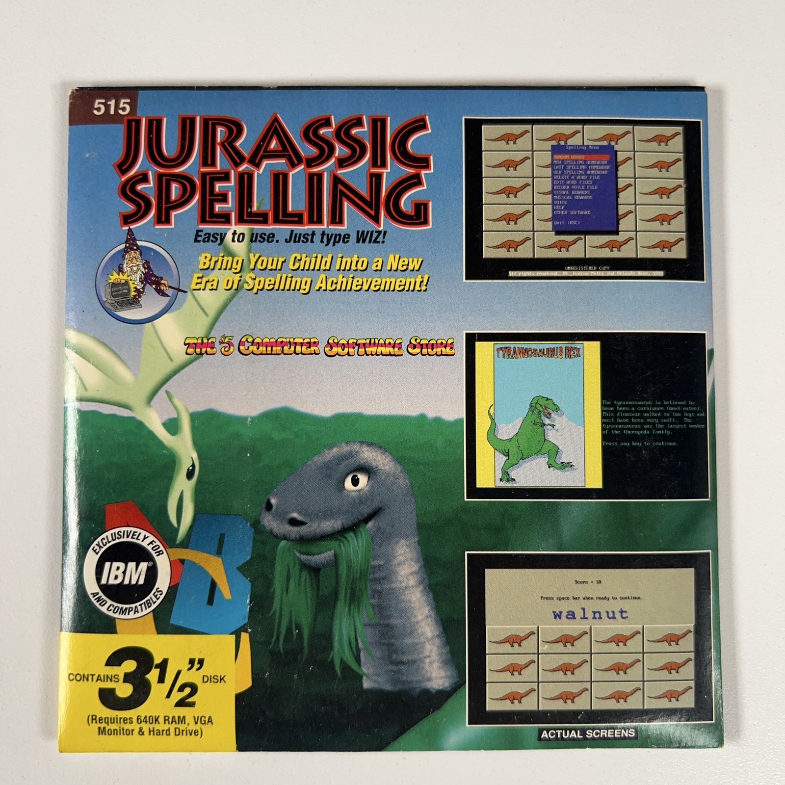 Vintage 1993 Jurassic Spelling PC Software IBM 3.5-Inch Disk Wiz