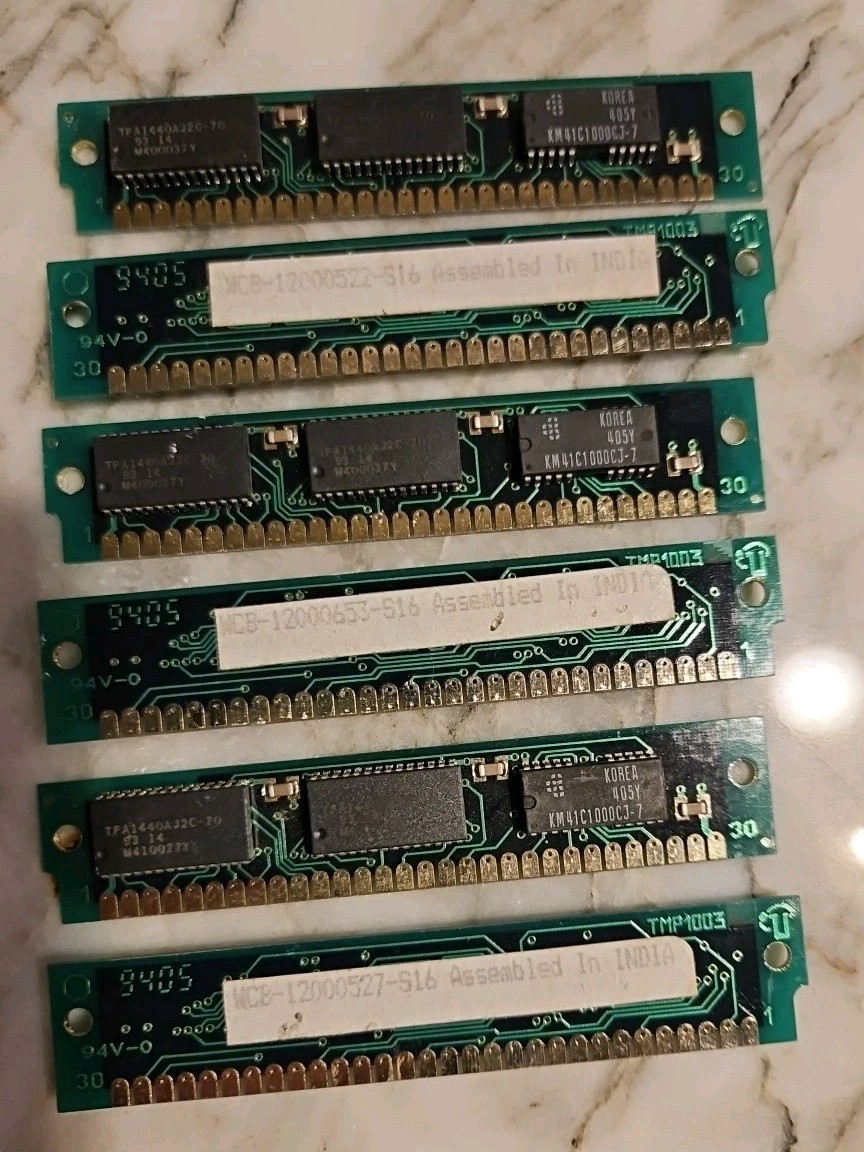 RARE 6x 1MB 30-Pin SIMM FPM DRAM Gold Contact Wipro Centum WCB India TESTED 70ns